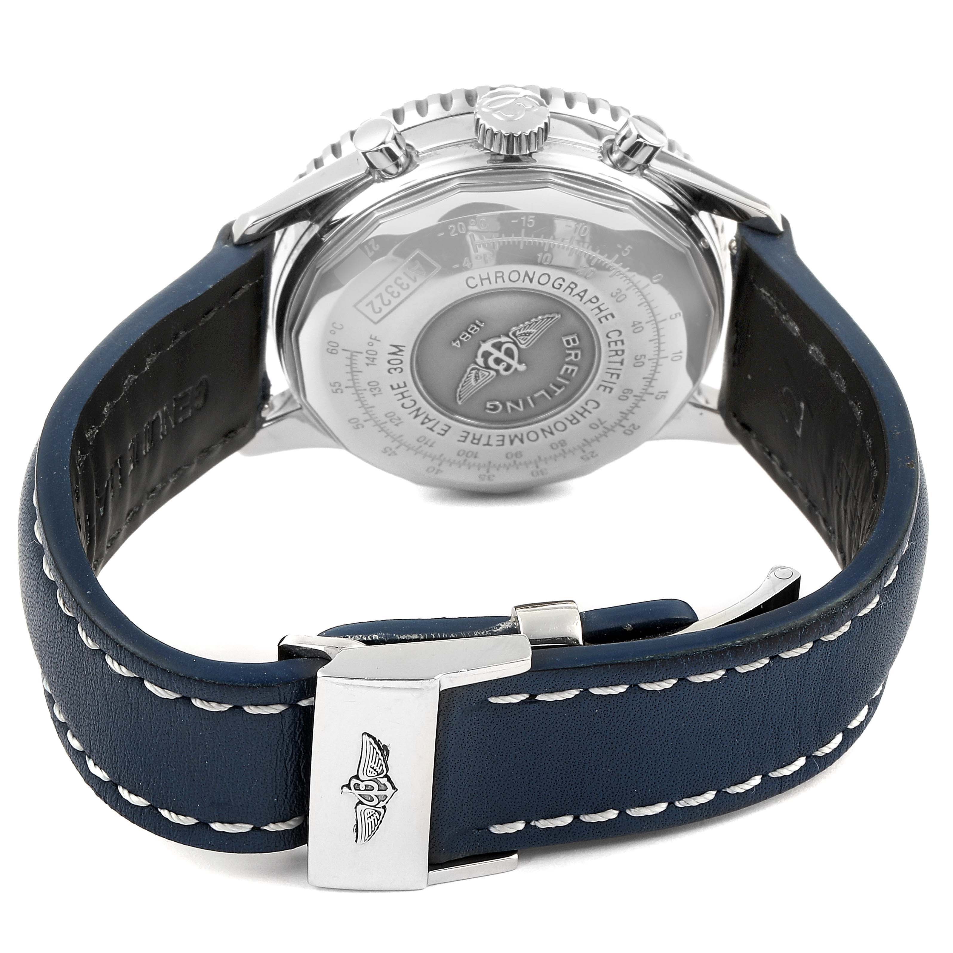 The image shows the back case and leather strap of a Breitling Navitimer A13322 Men's Stainless Steel Blue Dial A13322 Men's Stainless Steel Blue Dial watch, focusing on the clasp and engraved details.
