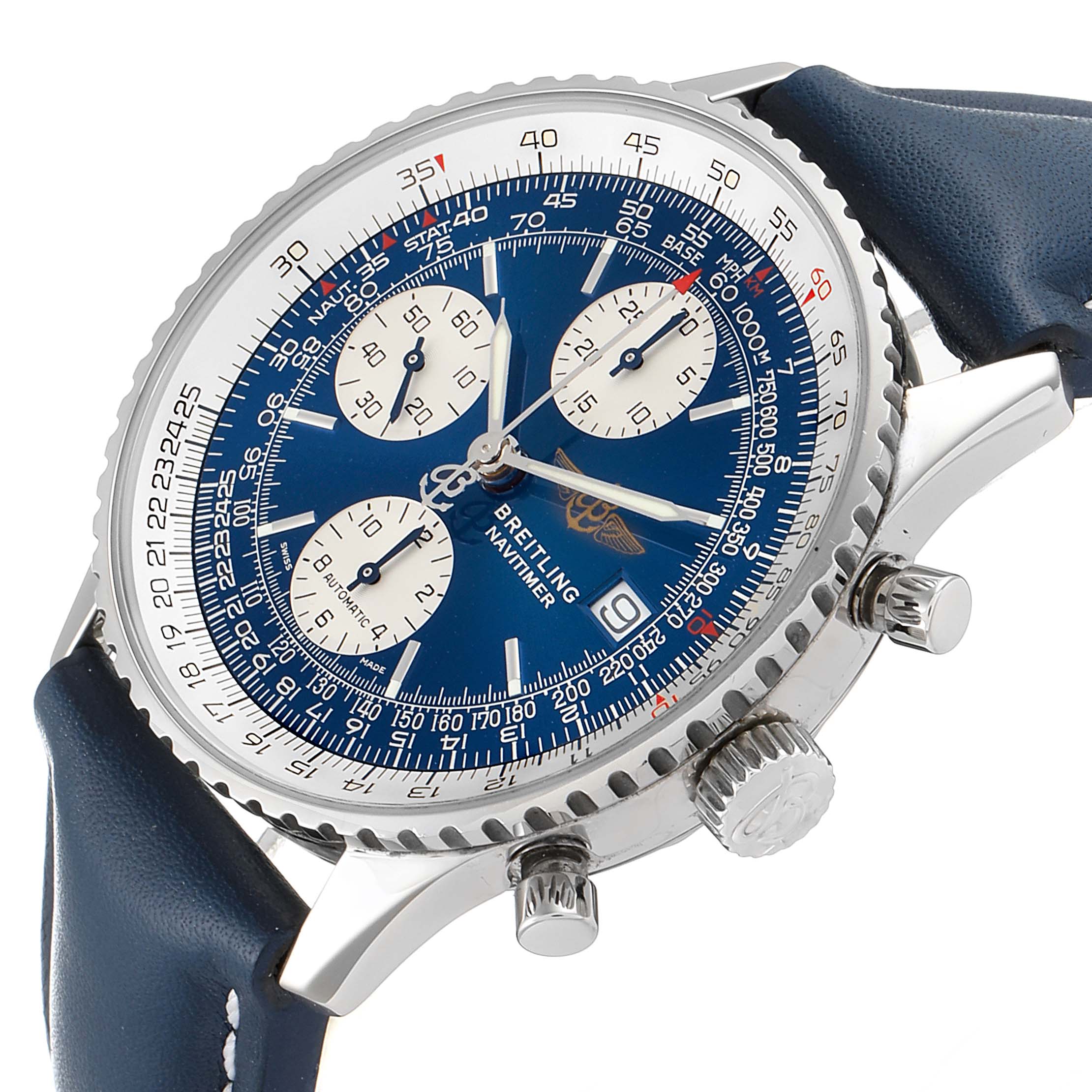 The image shows a close-up angle of a Breitling Navitimer A13322 Men's Stainless Steel Blue Dial A13322 Men's Stainless Steel Blue Dial watch, highlighting its dial, bezel, chronograph subdials, and crown.