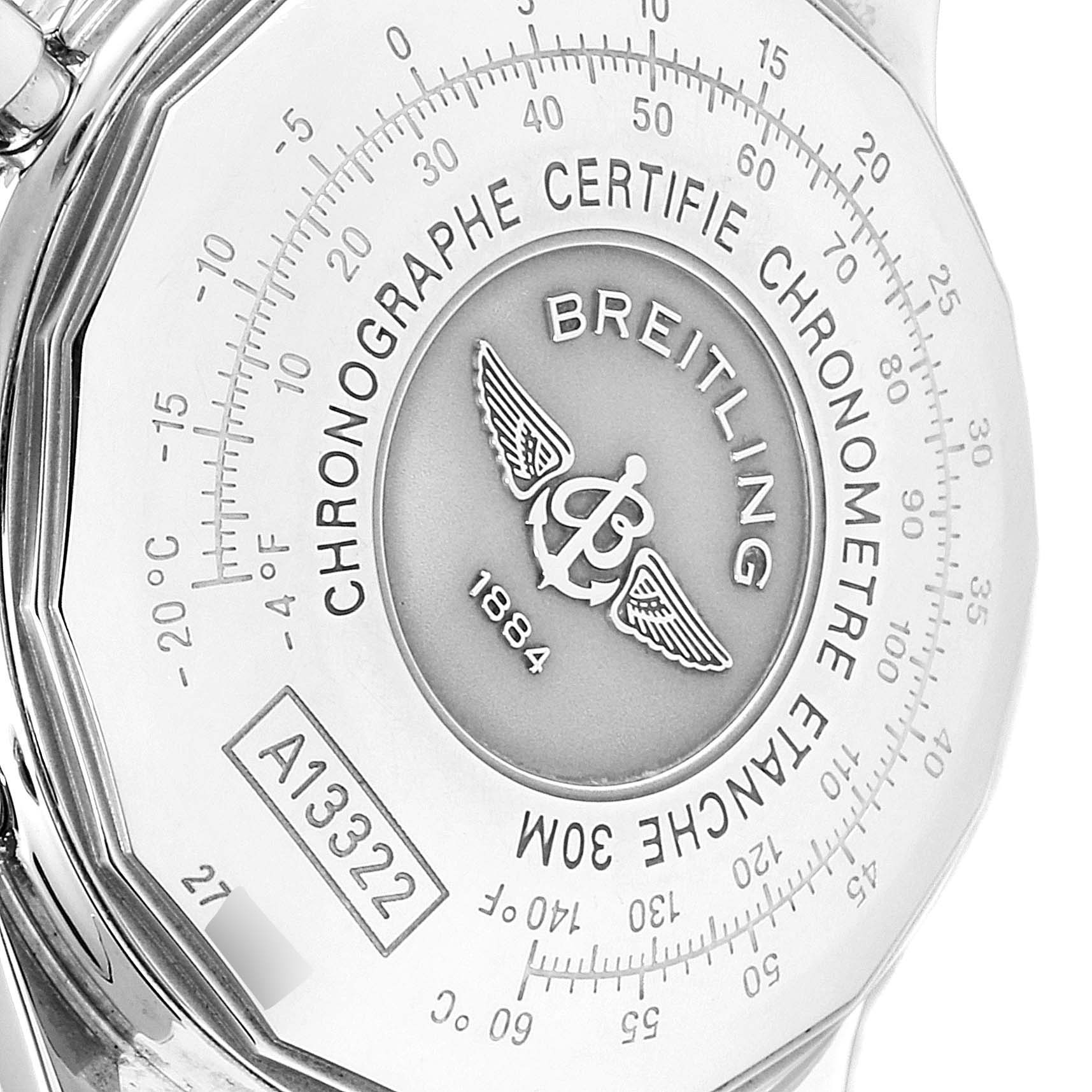 The image shows the back case of a Breitling Navitimer A13322 Men's Stainless Steel Blue Dial A13322 Men's Stainless Steel Blue Dial watch, highlighting its model number, logo, and chronometer certification.