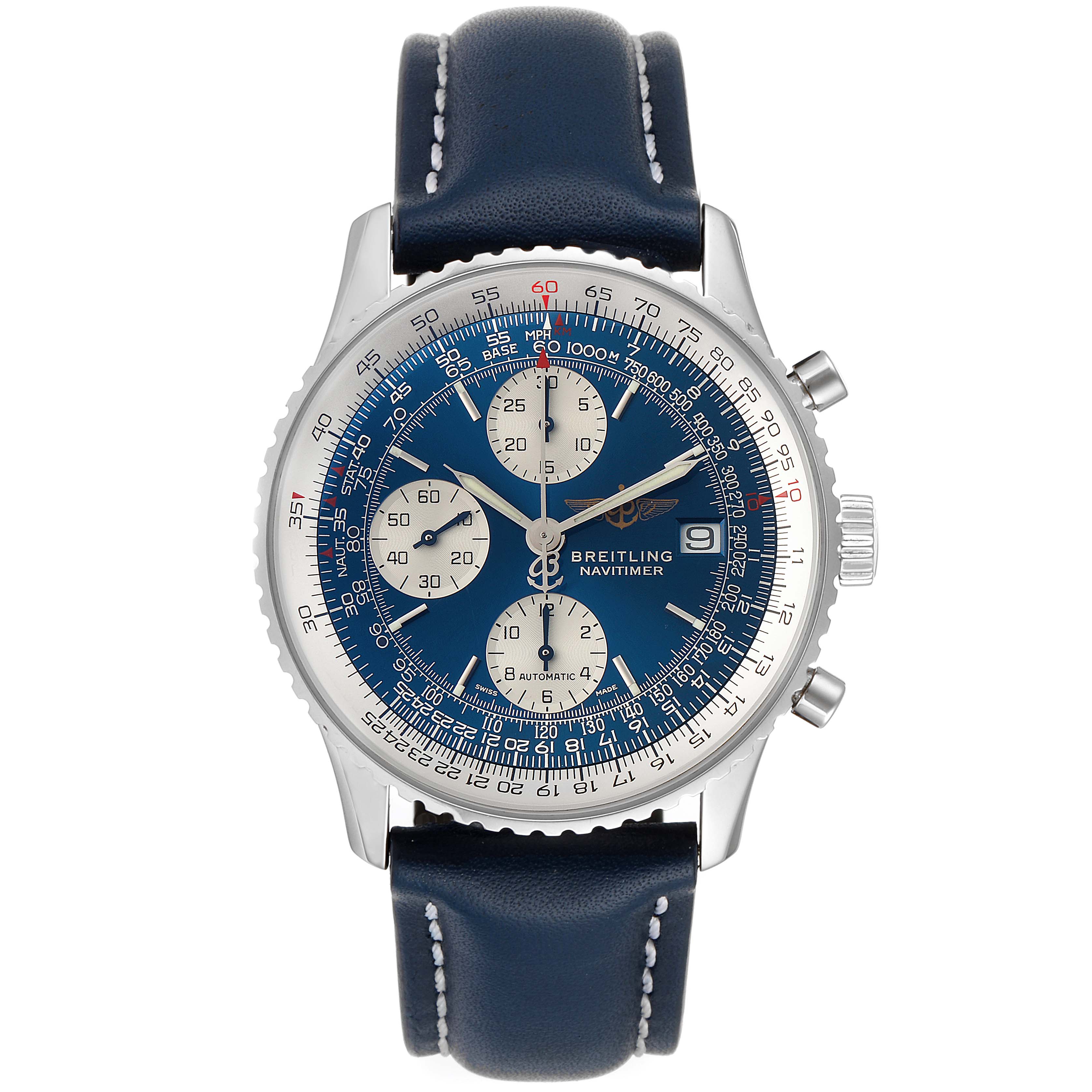 This is a front view of the Breitling Navitimer A13322 Men's Stainless Steel Blue Dial A13322 Men's Stainless Steel Blue Dial watch, showing the dial, case, and leather strap.
