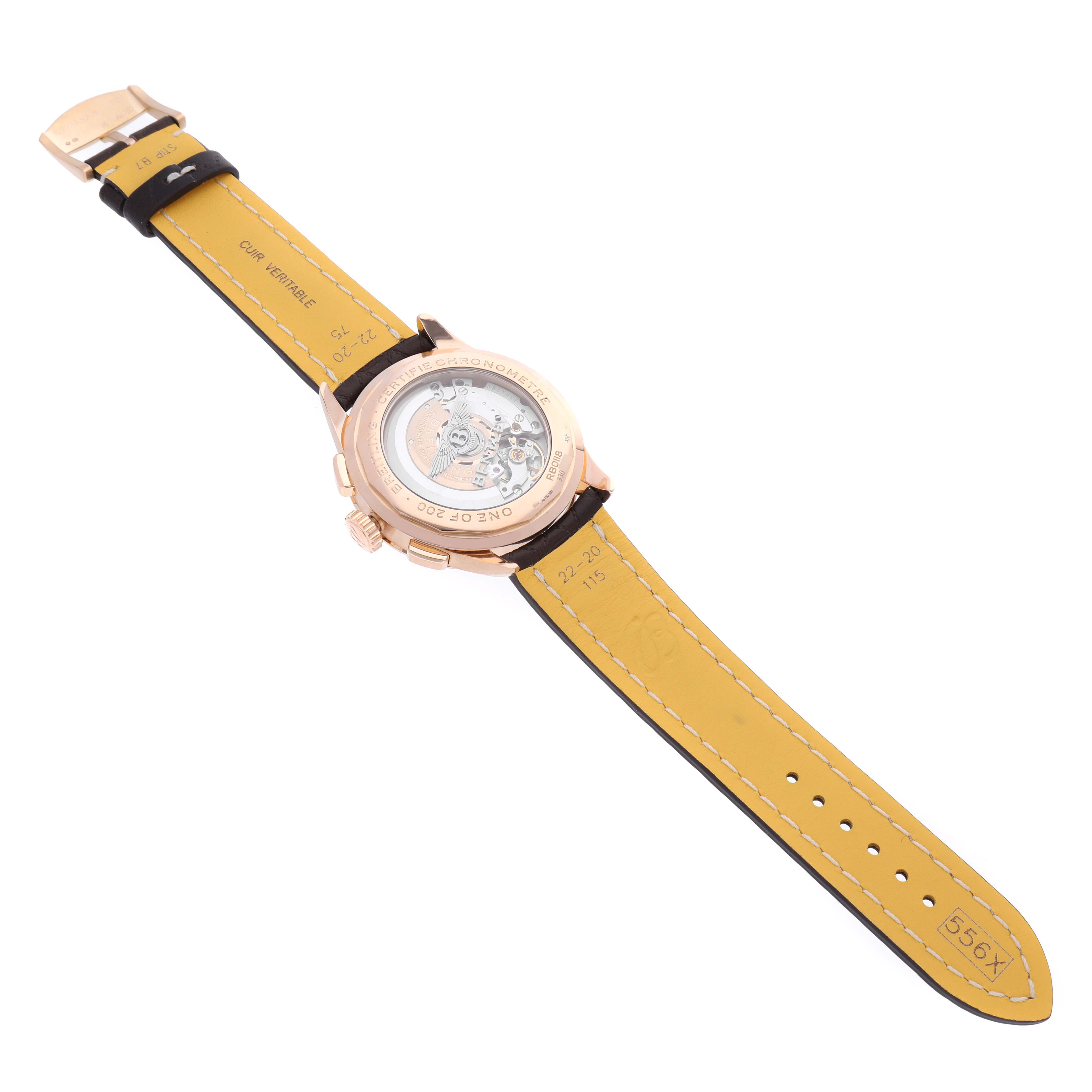 The Breitling Limited Series model is shown from the back, highlighting the transparent case and mechanism.