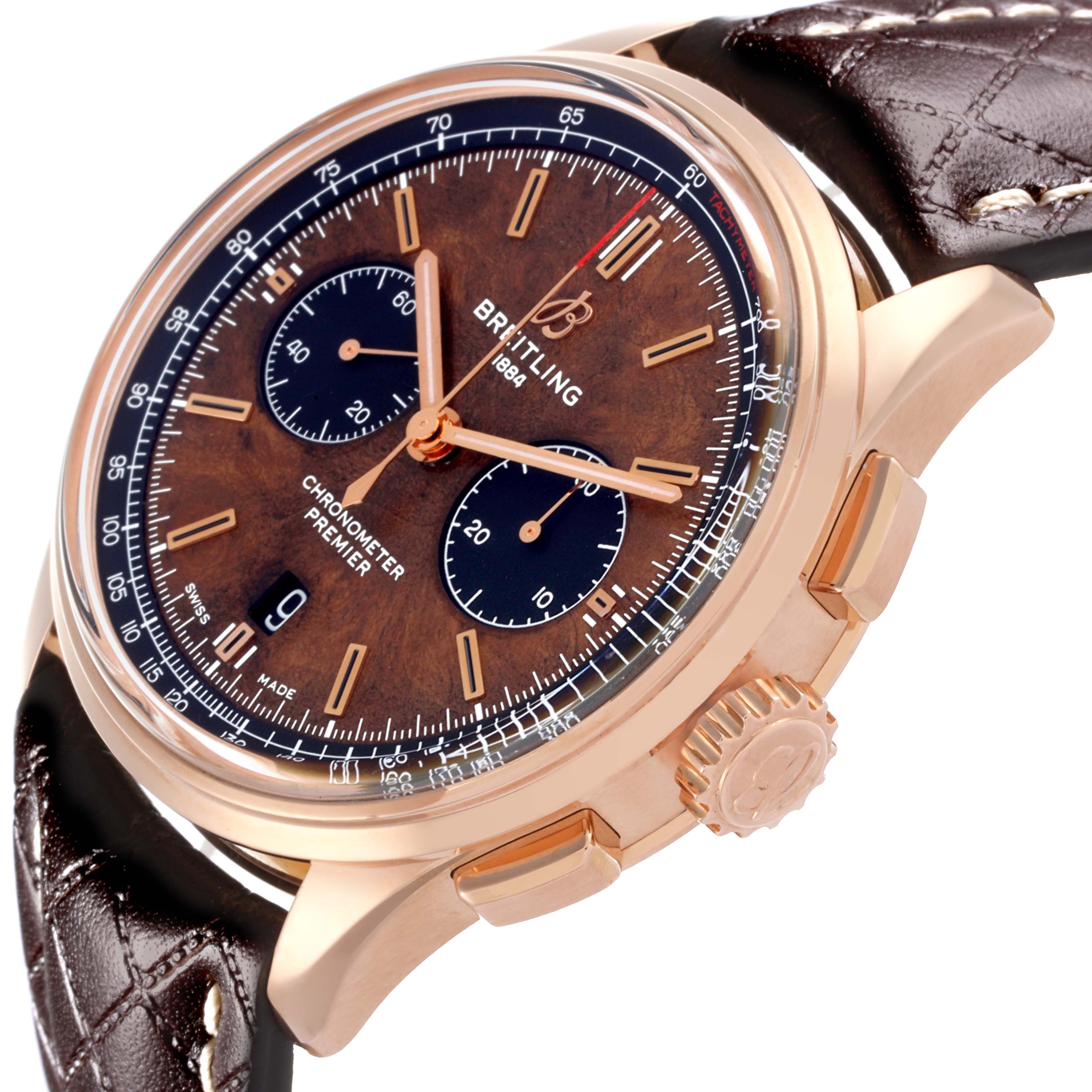 The Breitling Limited Series watch is shown at a slight side angle, displaying the dial, crown, case, and leather strap.