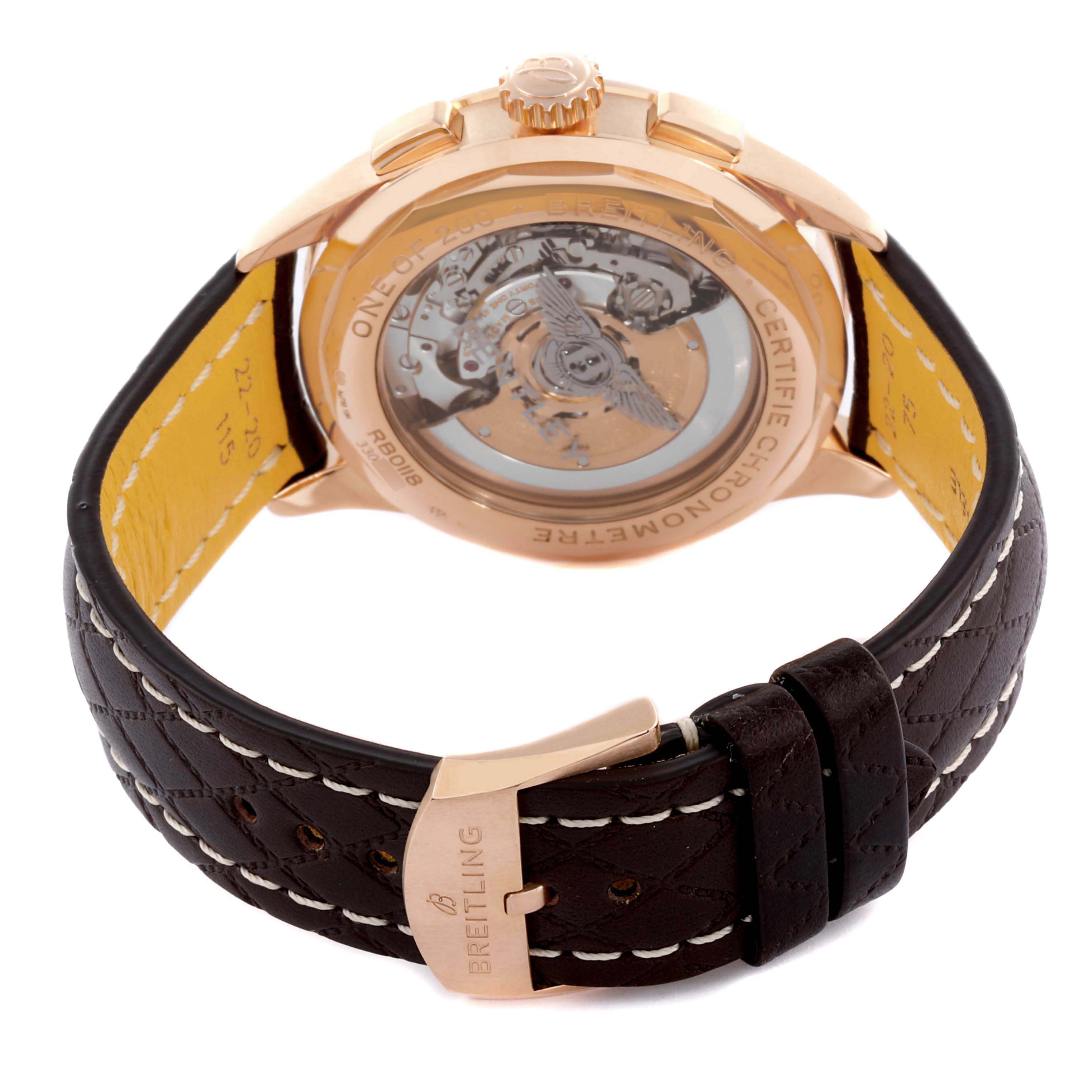 The image shows the back and strap of the Breitling Limited Series watch, highlighting its caseback and leather strap.