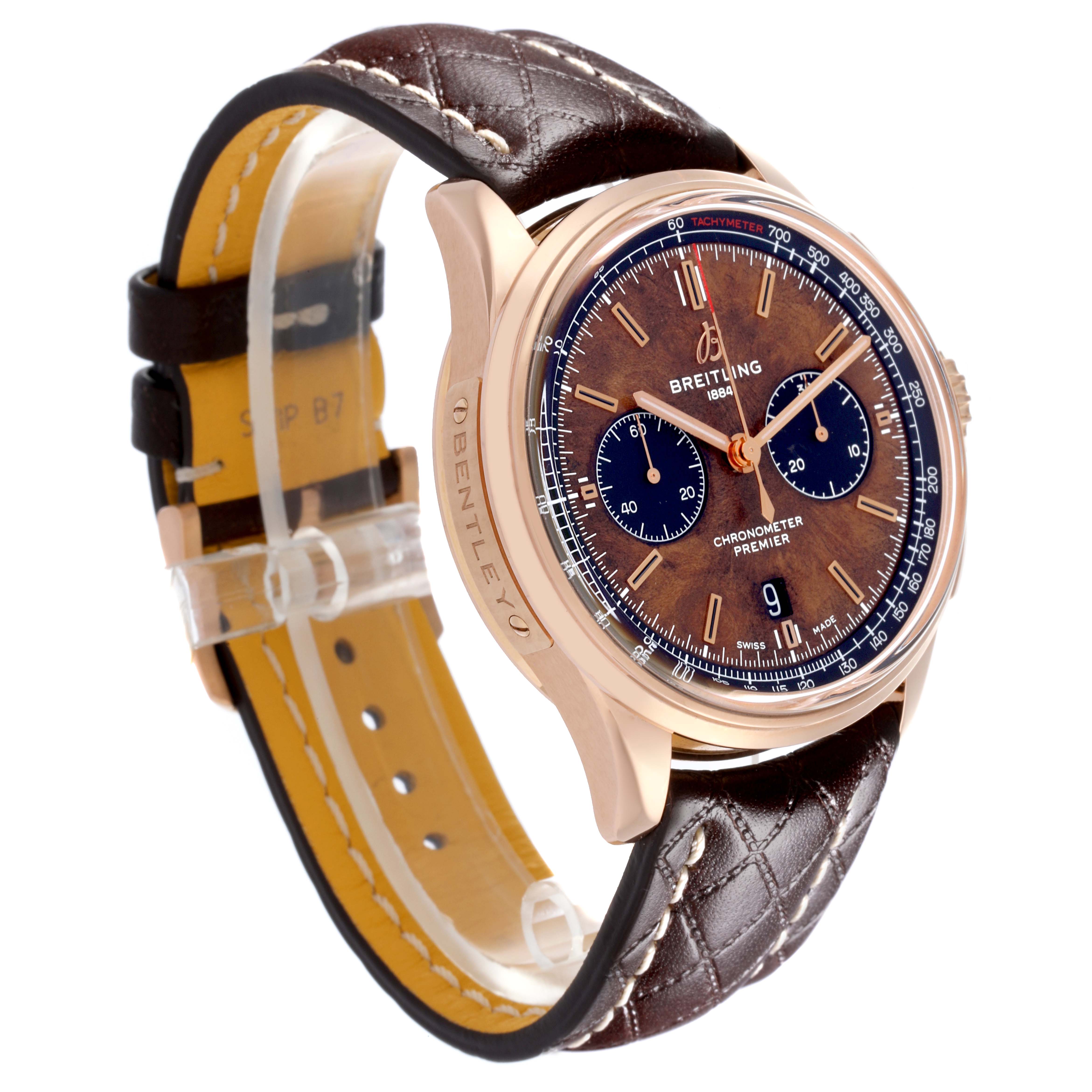 The Breitling Limited Series model is shown at an angled view, displaying the face, bezel, and quilted leather strap.