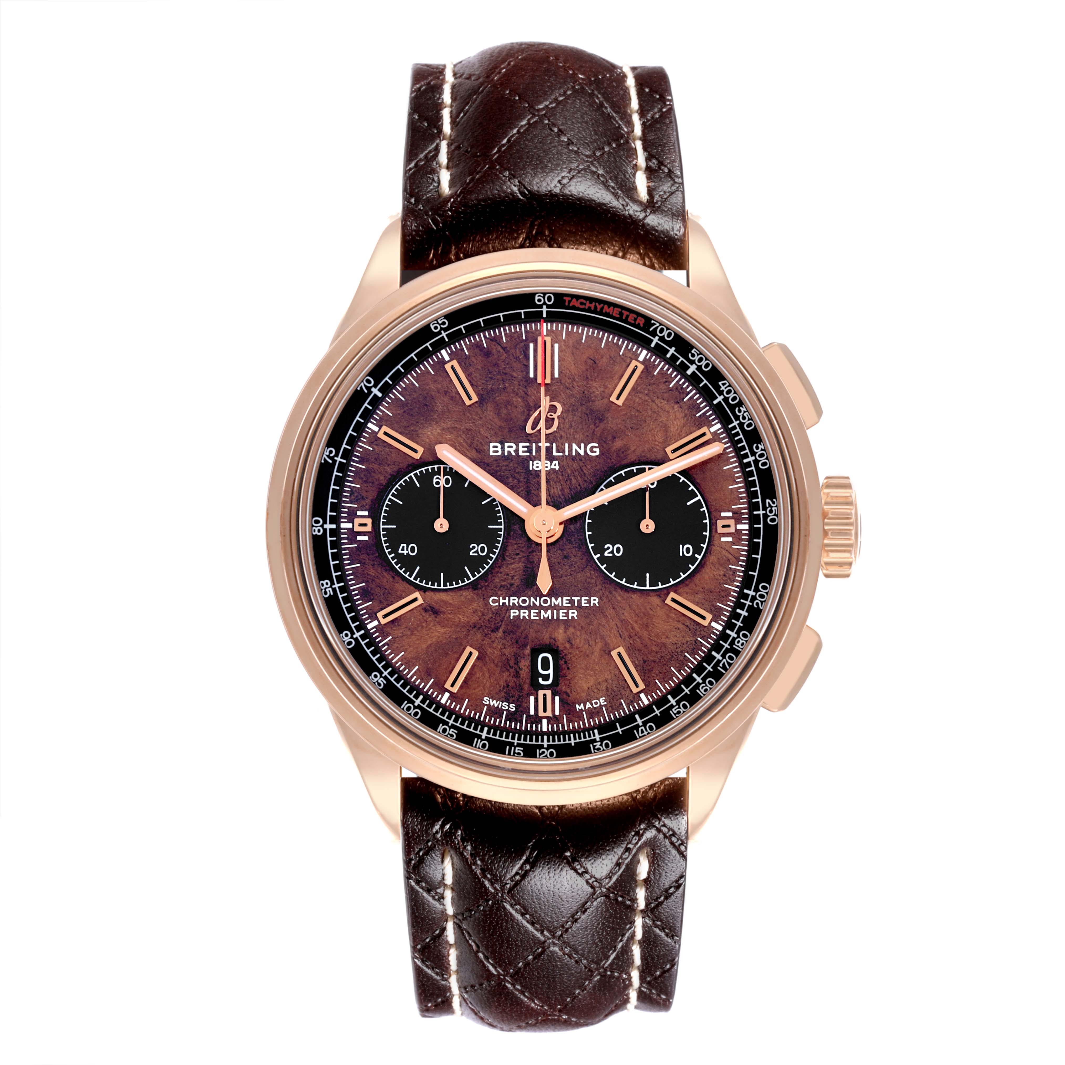 The Breitling Limited Series watch is shown from the front, displaying the dial and leather strap.