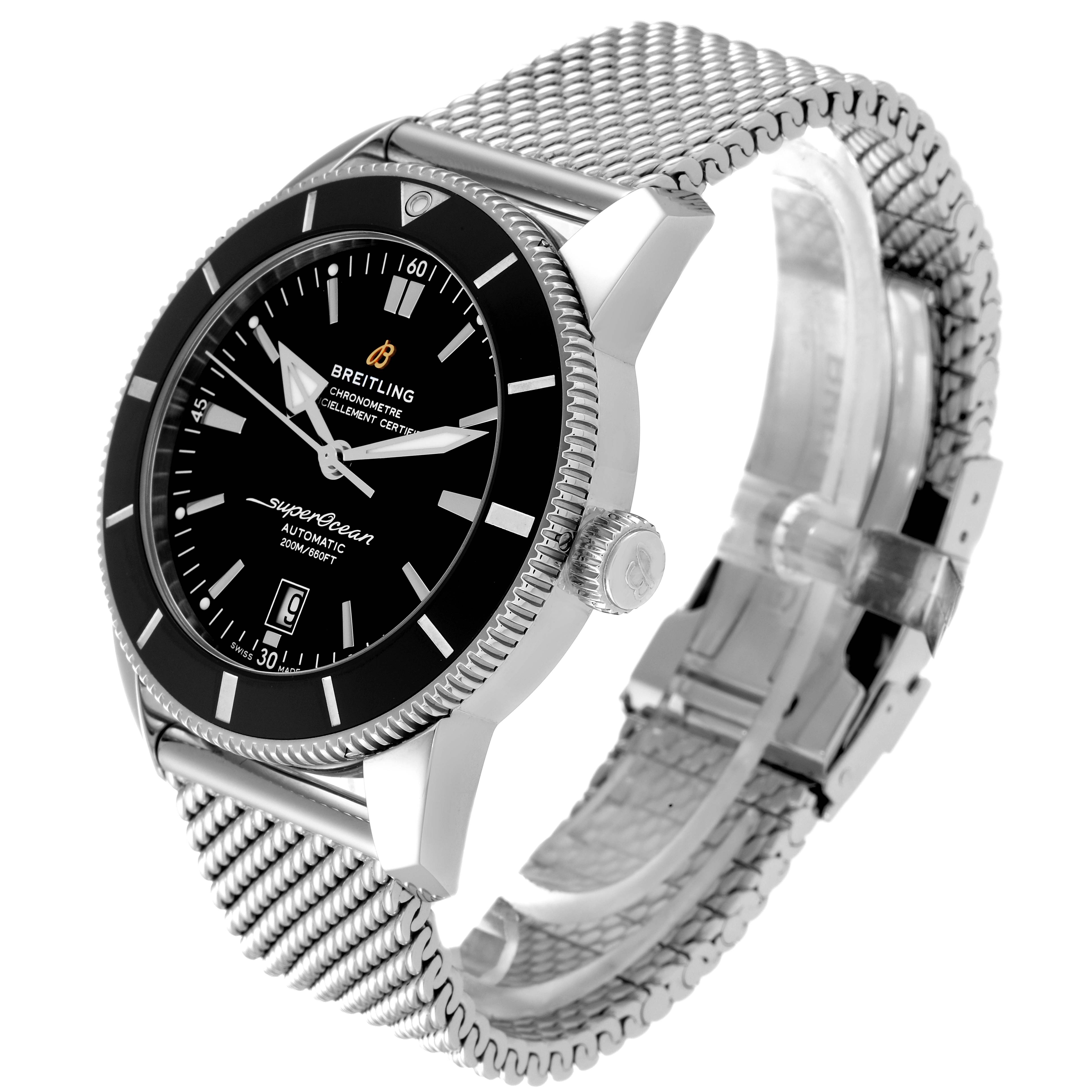 The image shows a Breitling Superocean AB2020 Men's Stainless Steel Black Dial AB2020 Men's Stainless Steel Black Dial watch at a three-quarter angle, highlighting the face, bezel, crown, and mesh strap.