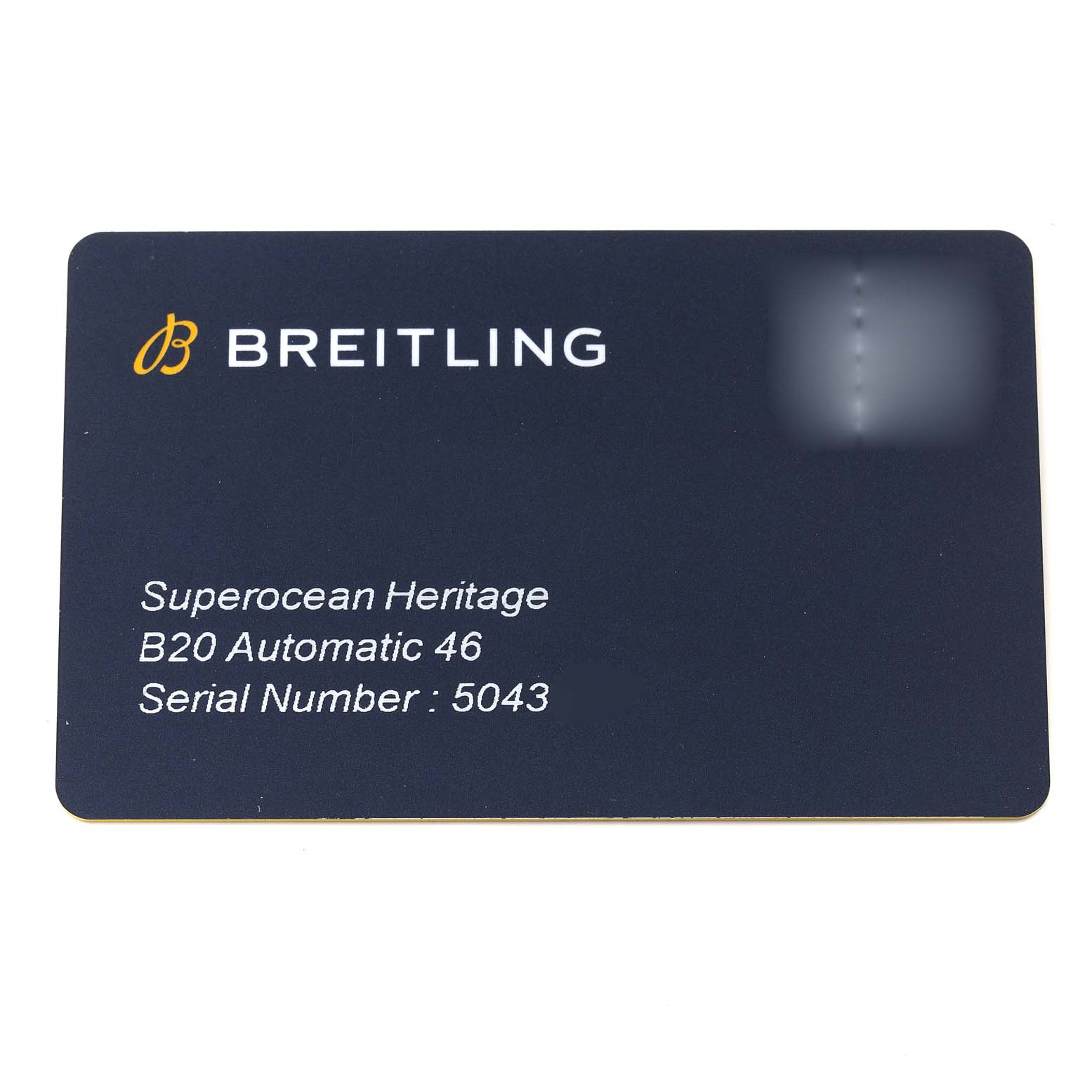 The image shows a warranty card for the Breitling Superocean AB2020 Men's Stainless Steel Black Dial AB2020 Men's Stainless Steel Black Dial Heritage B20 Automatic 46.