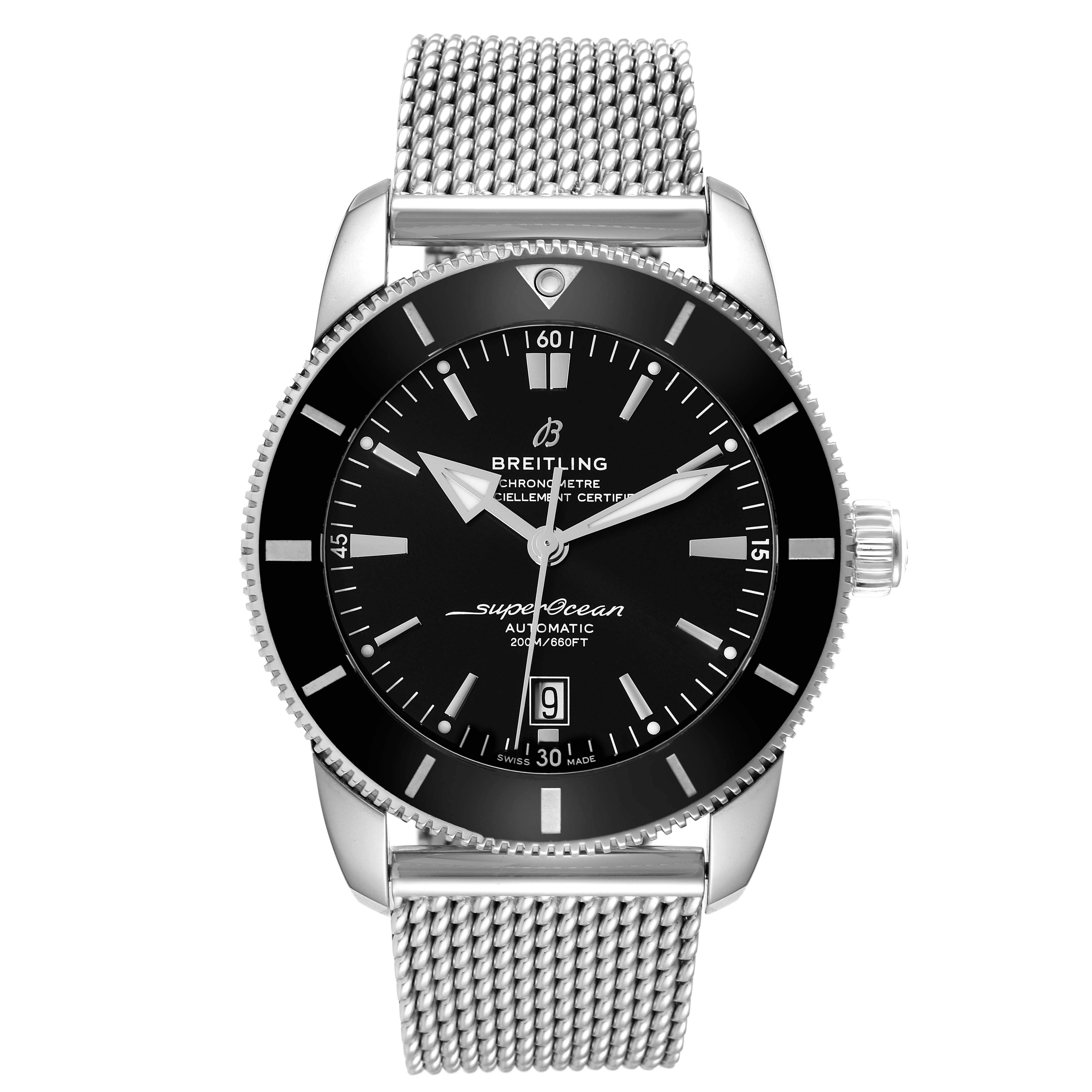 The Breitling Superocean AB2020 Men's Stainless Steel Black Dial AB2020 Men's Stainless Steel Black Dial watch is shown from a front angle, displaying the dial, bezel, hands, and mesh bracelet.