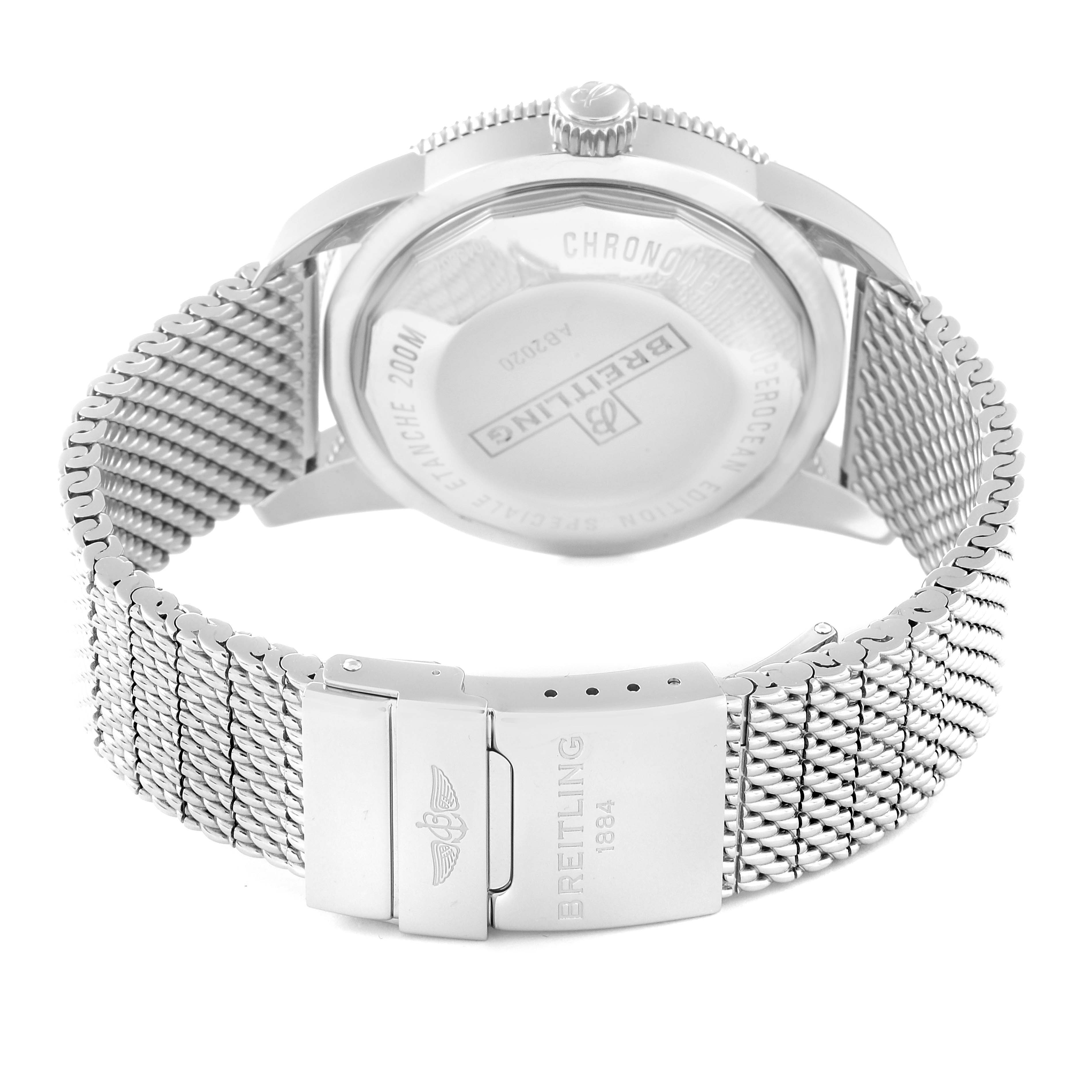 The image shows the back of a Breitling Superocean AB2020 Men's Stainless Steel Black Dial AB2020 Men's Stainless Steel Black Dial watch, highlighting its case back, mesh bracelet, and clasp.