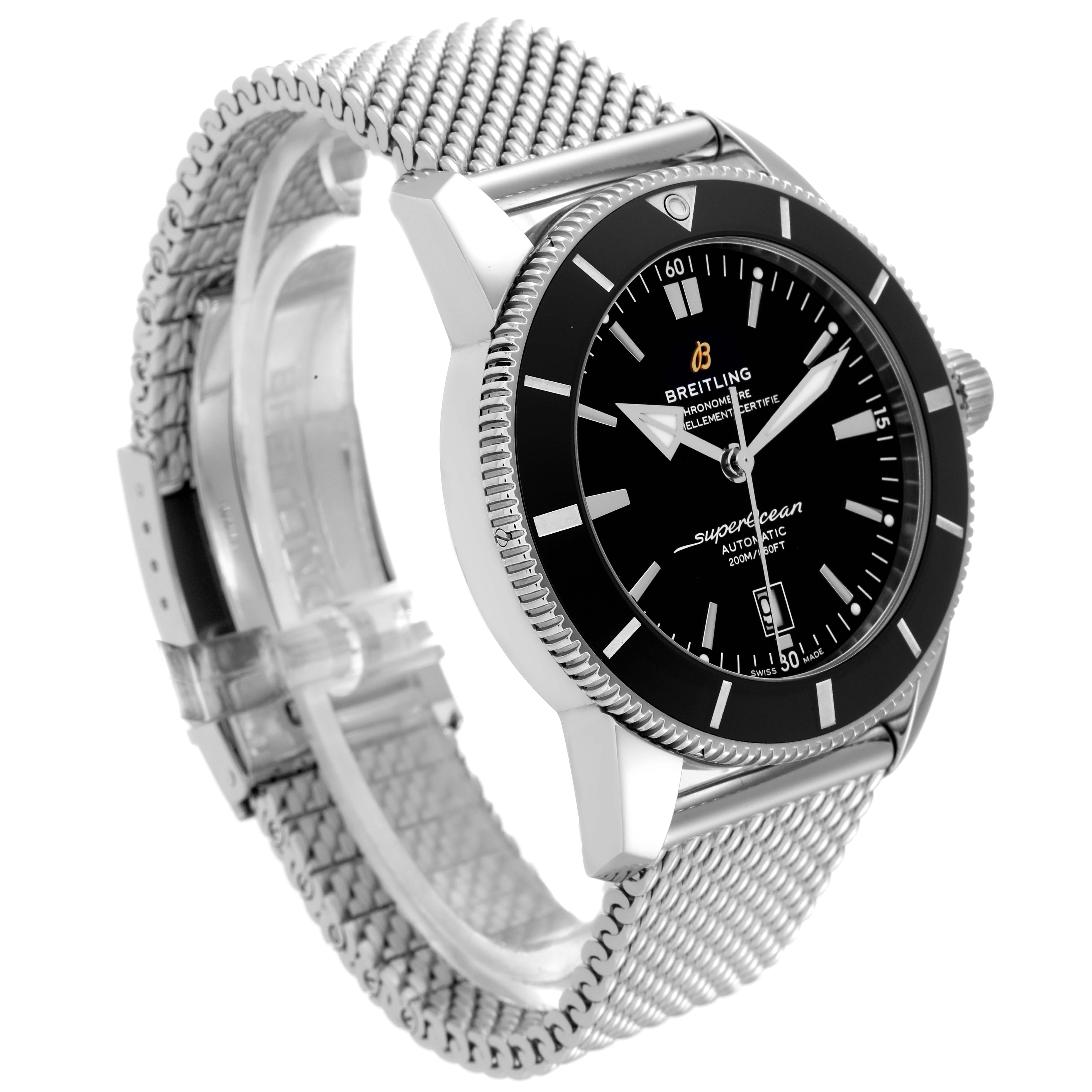 The image shows a side view of the Breitling Superocean AB2020 Men's Stainless Steel Black Dial AB2020 Men's Stainless Steel Black Dial watch, displaying the face, bezel, case, crown, and metal mesh strap.