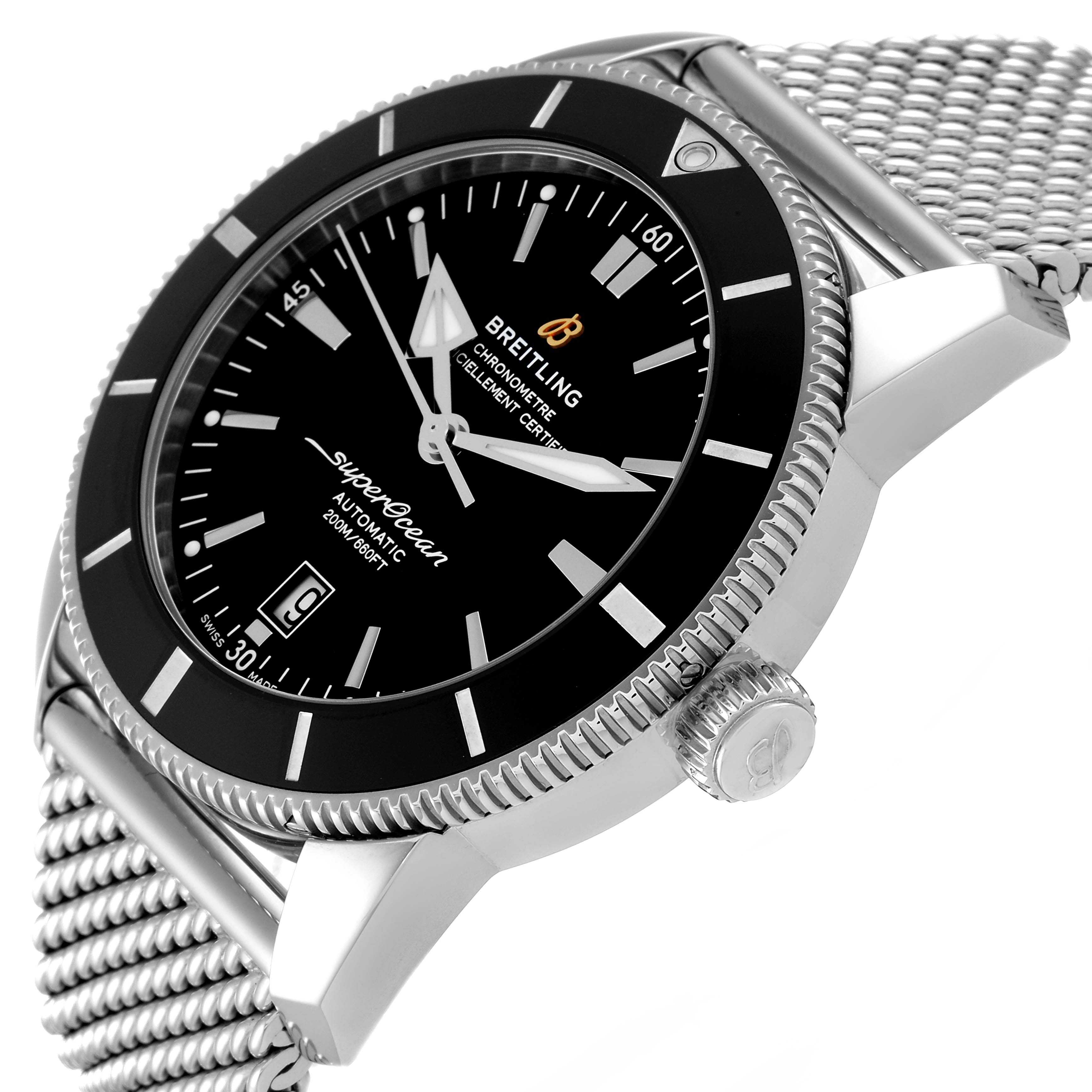 The Breitling Superocean AB2020 Men's Stainless Steel Black Dial AB2020 Men's Stainless Steel Black Dial watch is shown from a slight side angle, highlighting the dial, bezel, crown, and a portion of the mesh bracelet.