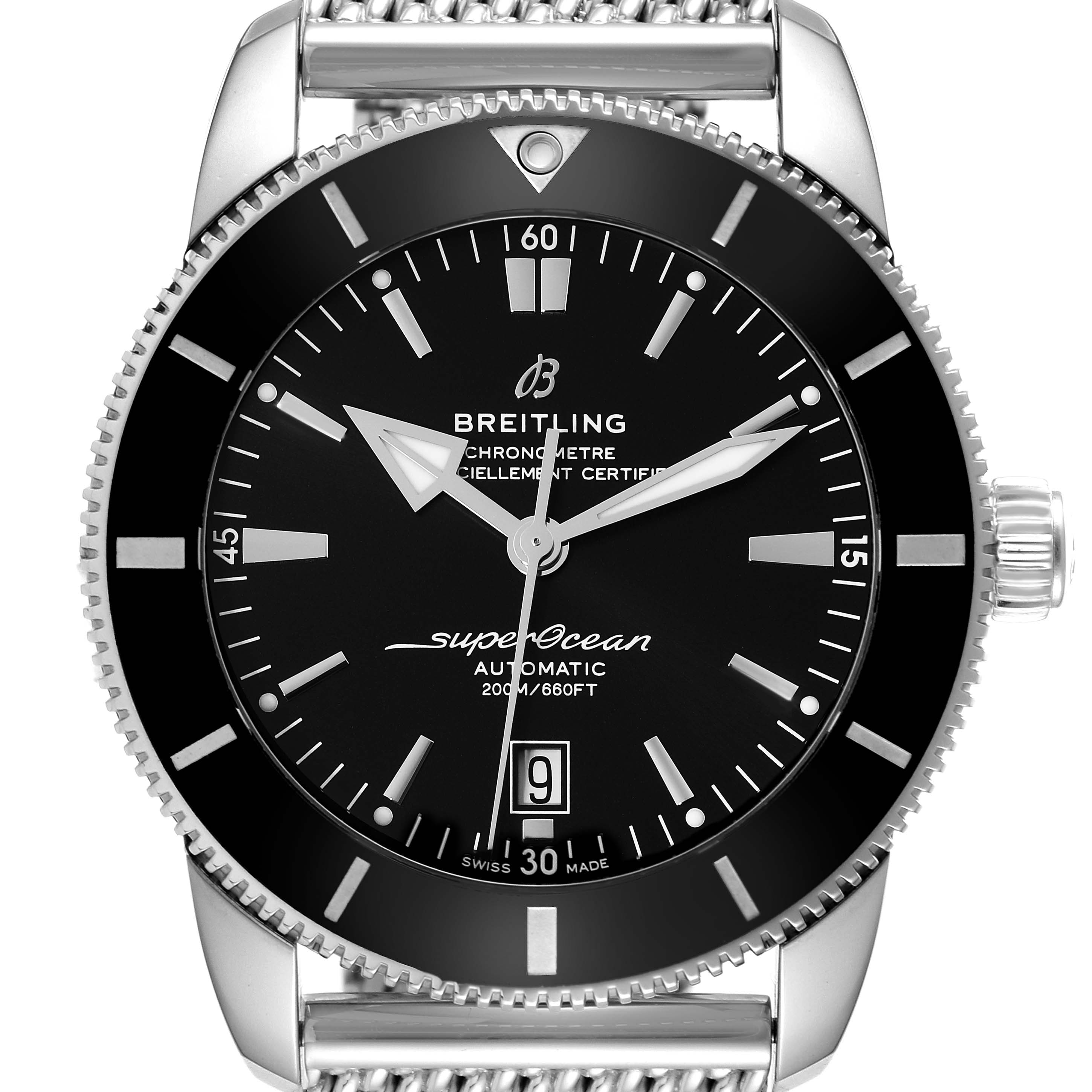 The image shows a front view of the Breitling Superocean AB2020 Men's Stainless Steel Black Dial AB2020 Men's Stainless Steel Black Dial watch, displaying its face, bezel, hands, and crown.