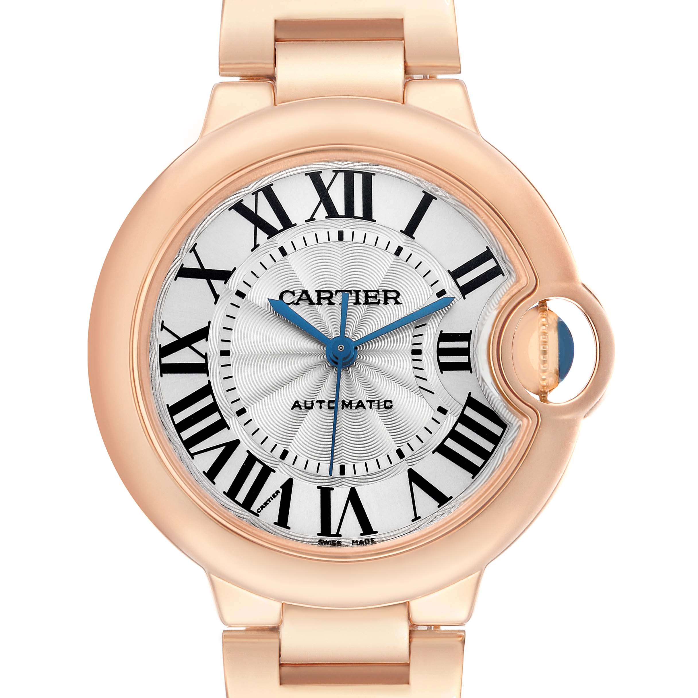 The Ballon Bleu de Cartier watch is shown from the front, highlighting the dial, blue hands, and the crown with a protective curved feature.