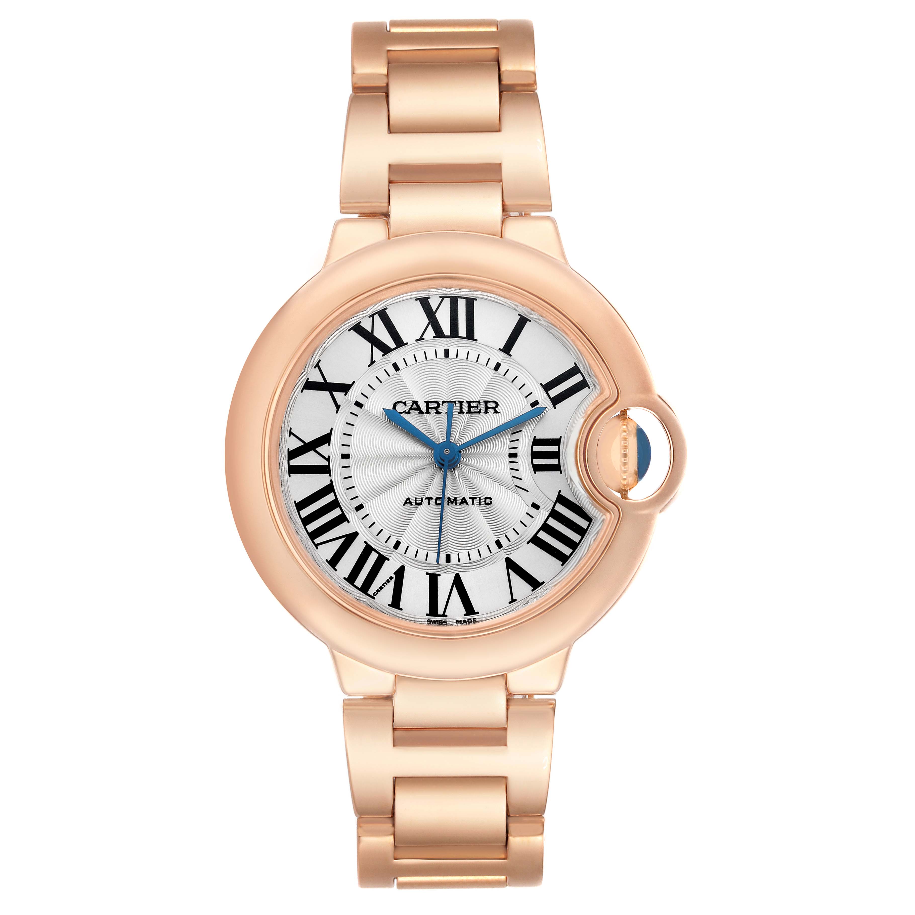 The Cartier Ballon Bleu W6920096 Women's Rose Gold Silver Dial watch is shown from a front angle, displaying its gold case, roman numeral dial, and sleek bracelet.