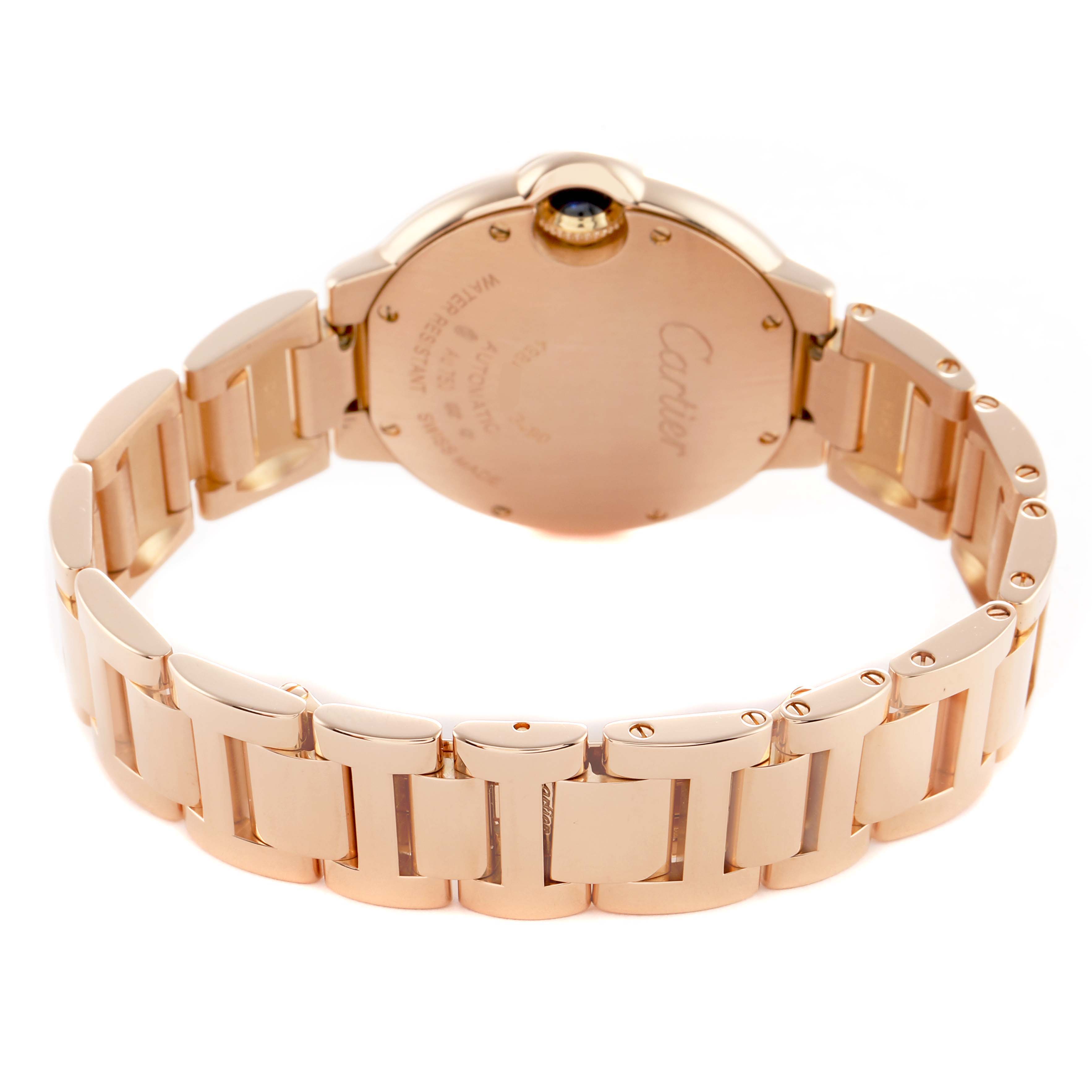 The image shows the back and bracelet of the Cartier Ballon Bleu W6920096 Women's Rose Gold Silver Dial watch from a rear angle.