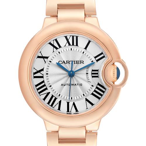 The Cartier Ballon Bleu W6920096 Women's Rose Gold Silver Dial watch is shown from a frontal angle, highlighting the face, Roman numerals, and crown.