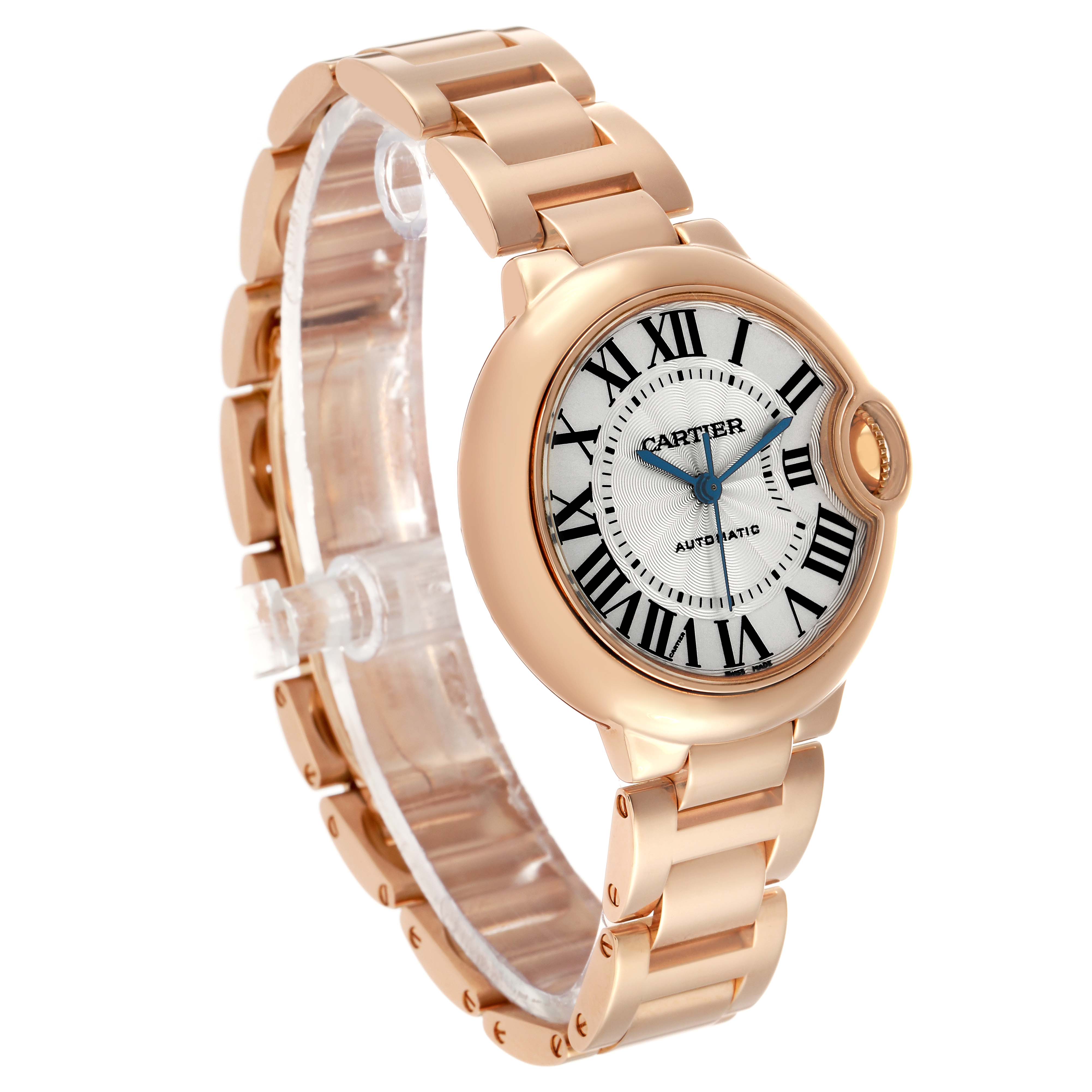 The Cartier Ballon Bleu W6920096 Women's Rose Gold Silver Dial watch is shown at a slight angle, highlighting its face, bracelet, and distinctive crown.