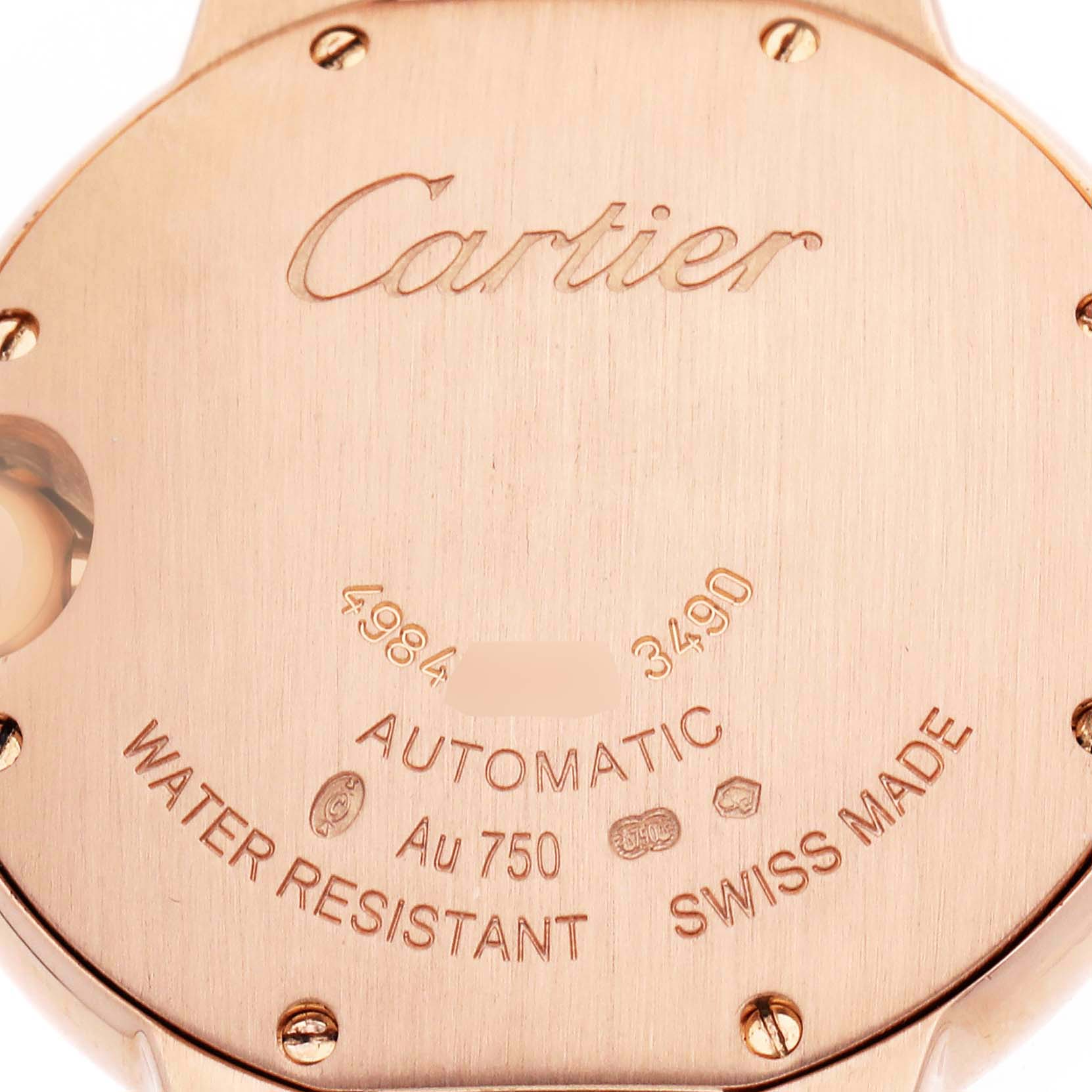 The image shows the back of the Cartier Ballon Bleu W6920096 Women's Rose Gold Silver Dial watch, displaying the engravings and water resistance details.