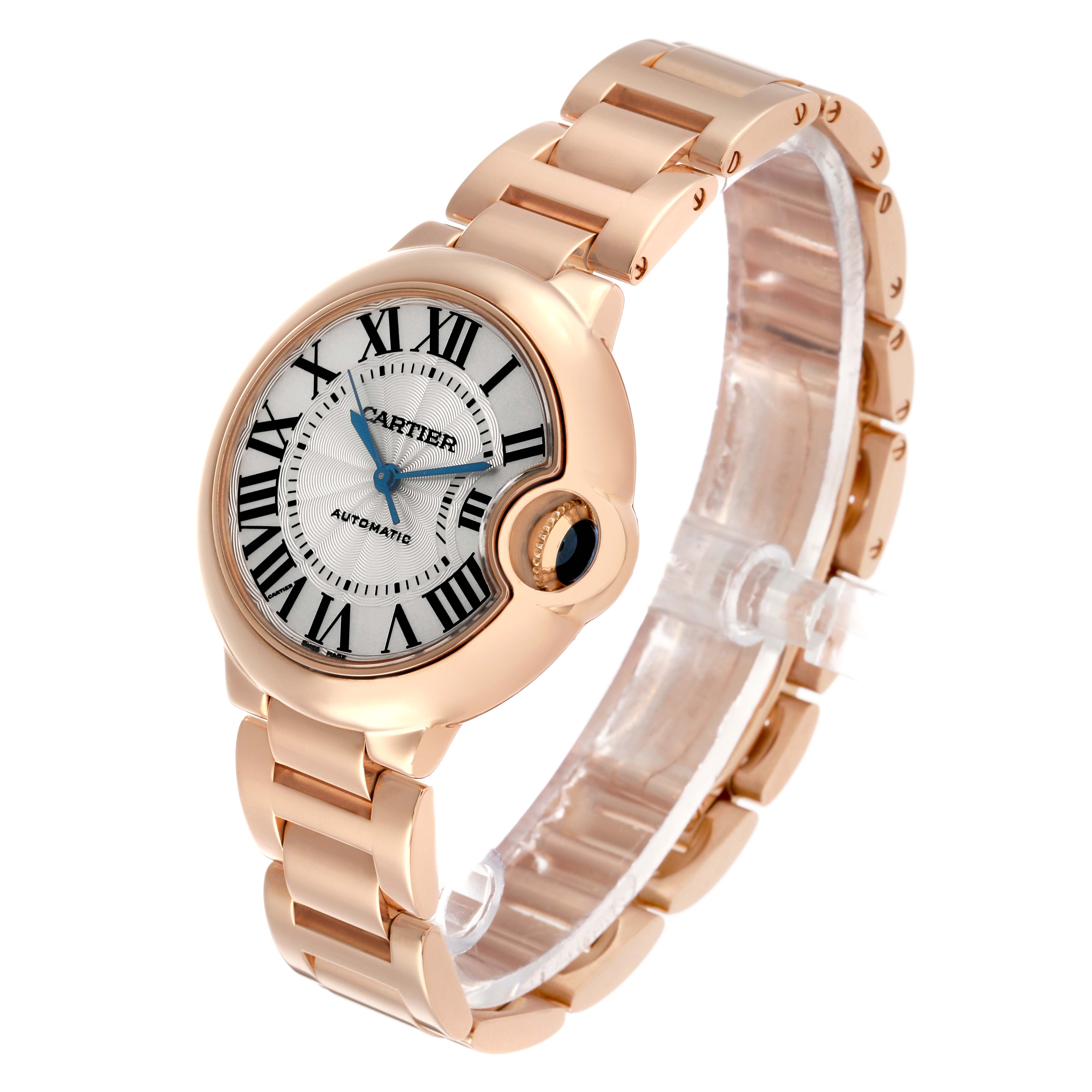 The Cartier Ballon Bleu W6920096 Women's Rose Gold Silver Dial watch is shown at a front-side angle, highlighting the dial, bracelet, and crown.
