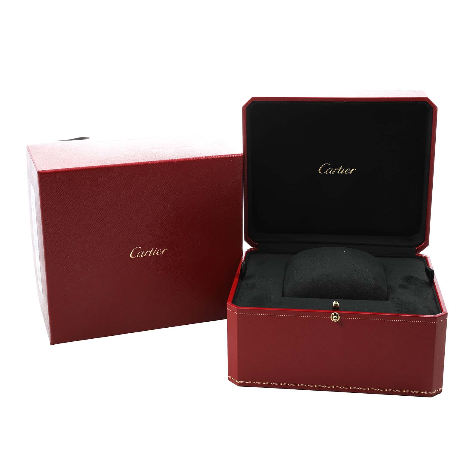 The image shows the open and closed red presentation box for the Cartier Ballon Bleu W6920096 Women's Rose Gold Silver Dial watch, displaying the brand logo.