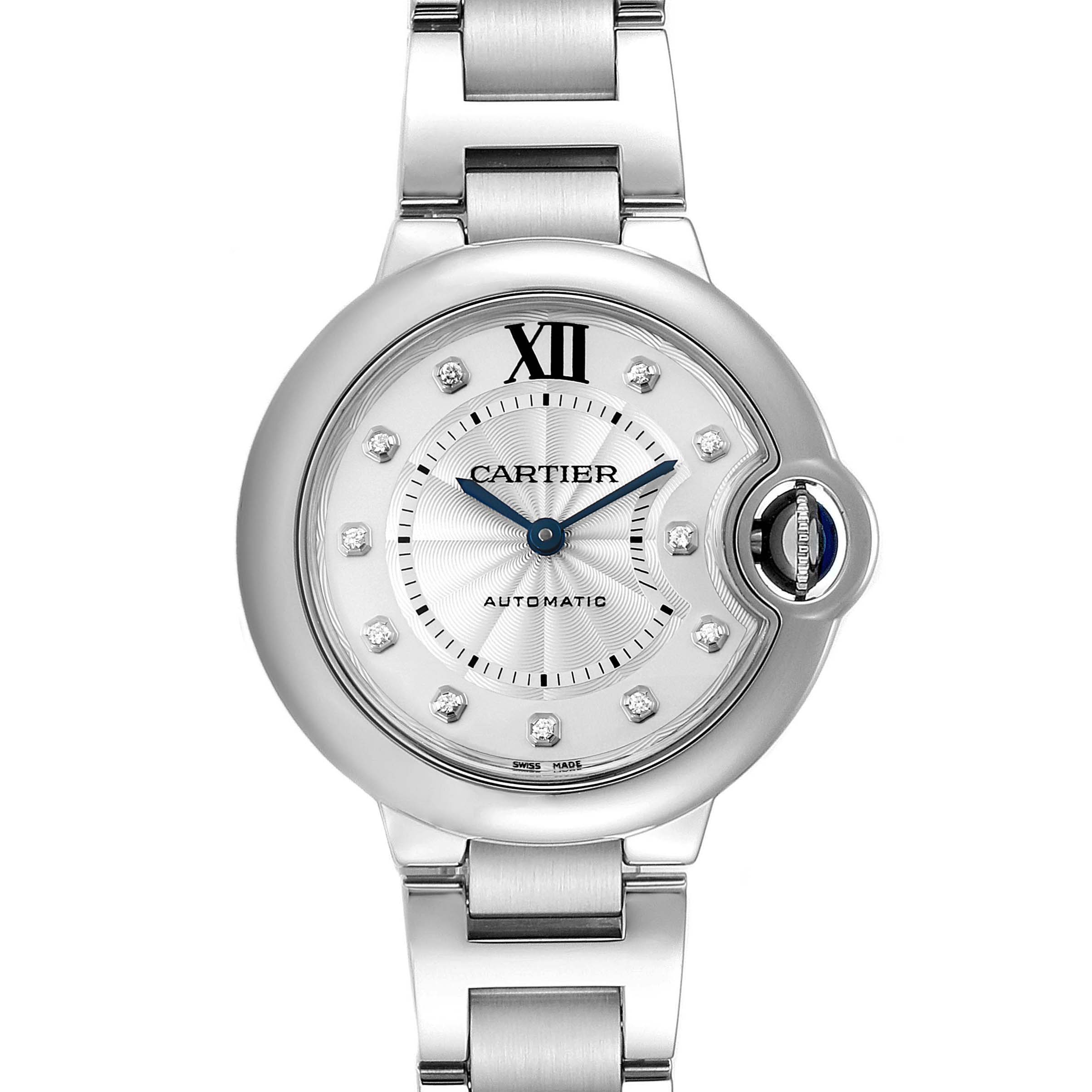 The image shows a front view of a Cartier Ballon Bleu WE902074 Women
s Stainless Steel Silver Dial WE902074 Women
s Stainless Steel Silver Dial watch, highlighting its face, bezel, and part of the bracelet.