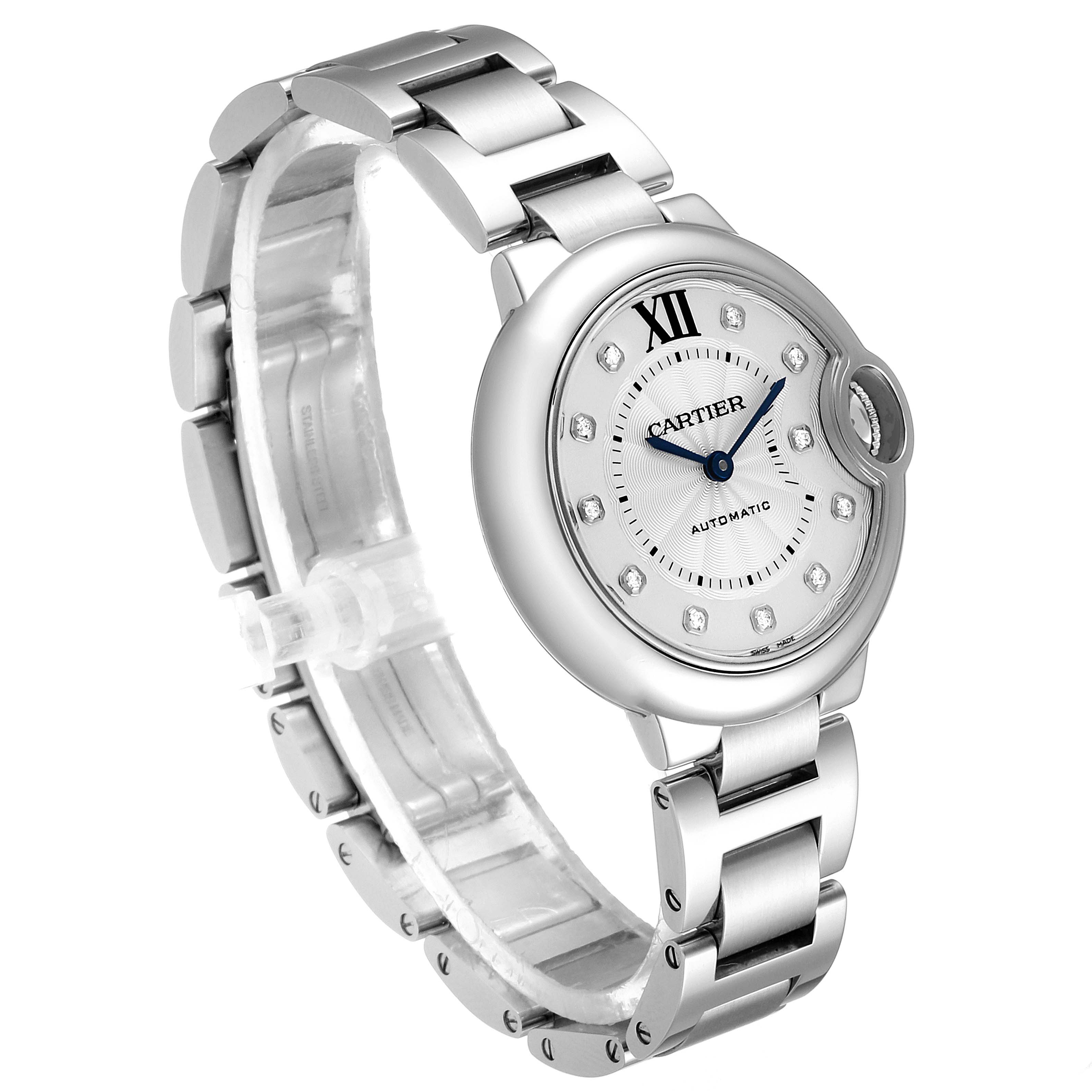 The image shows a Ballon Bleu de Cartier watch at a three-quarter angle, highlighting its face, bezel, bracelet, and crown.