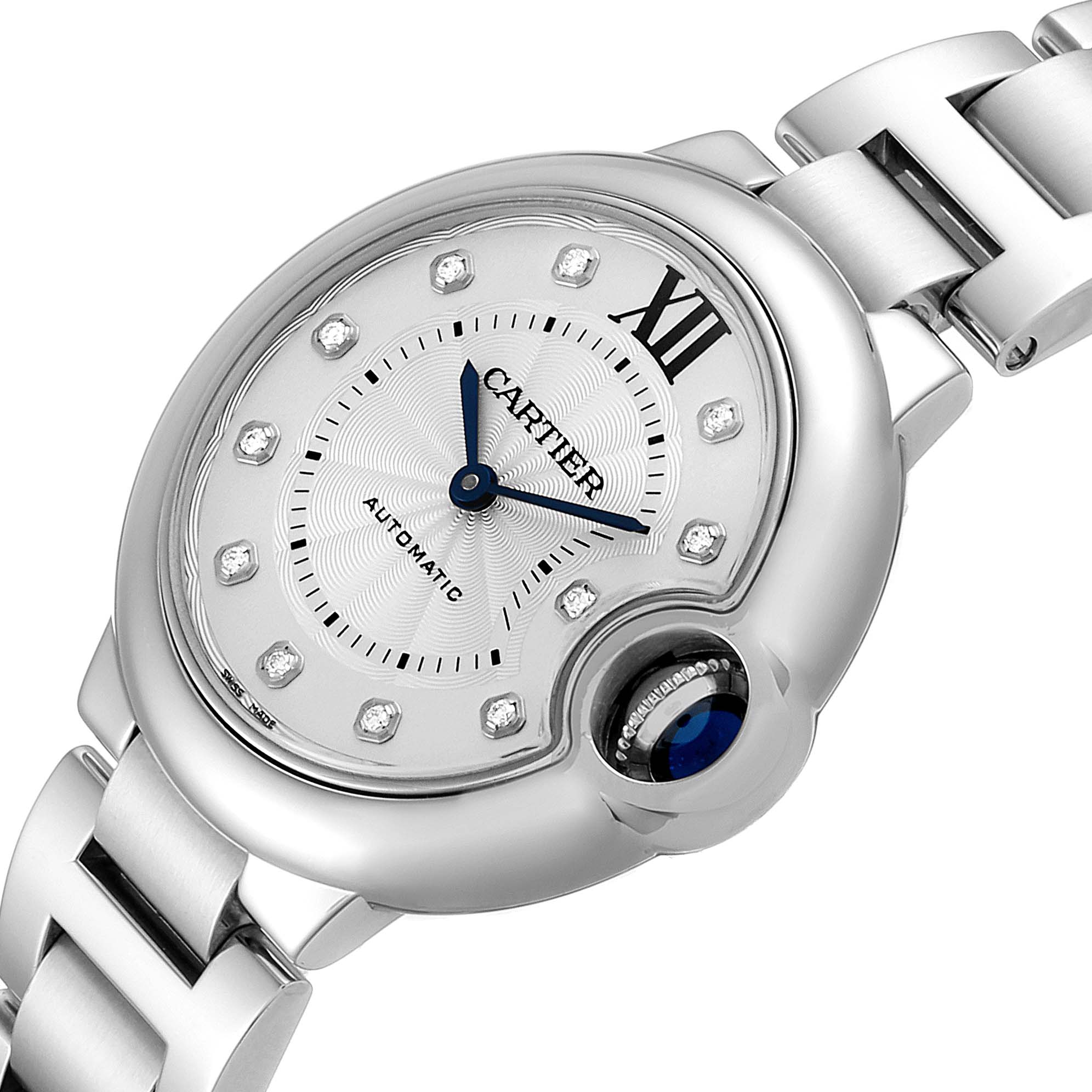 The image shows a close-up of the face and part of the bracelet of a Cartier Ballon Bleu WE902074 Women
s Stainless Steel Silver Dial WE902074 Women
s Stainless Steel Silver Dial watch.
