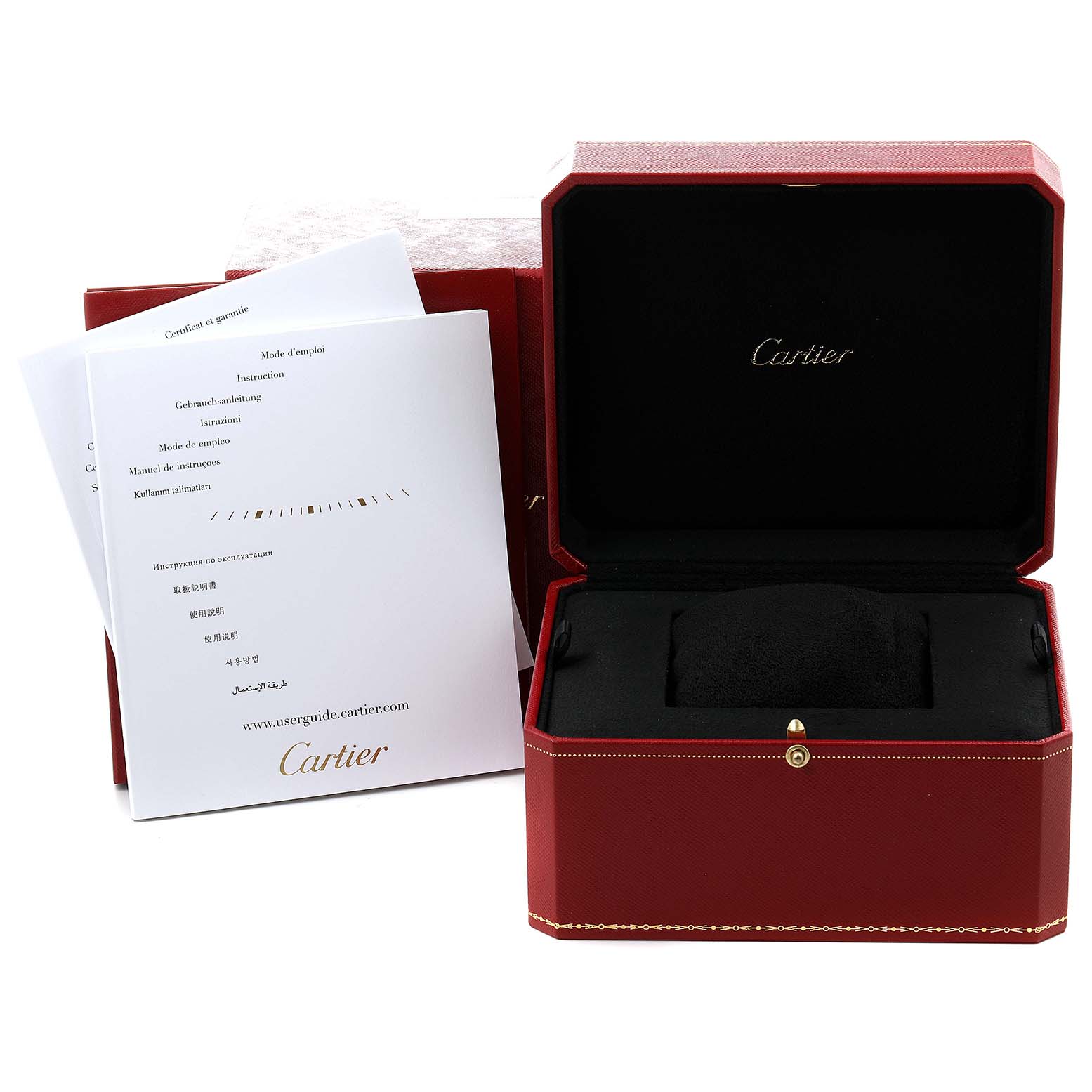 The image shows an open Cartier Ballon Bleu WE902074 Women
s Stainless Steel Silver Dial WE902074 Women
s Stainless Steel Silver Dial watch box with manuals and certificates displayed alongside it.