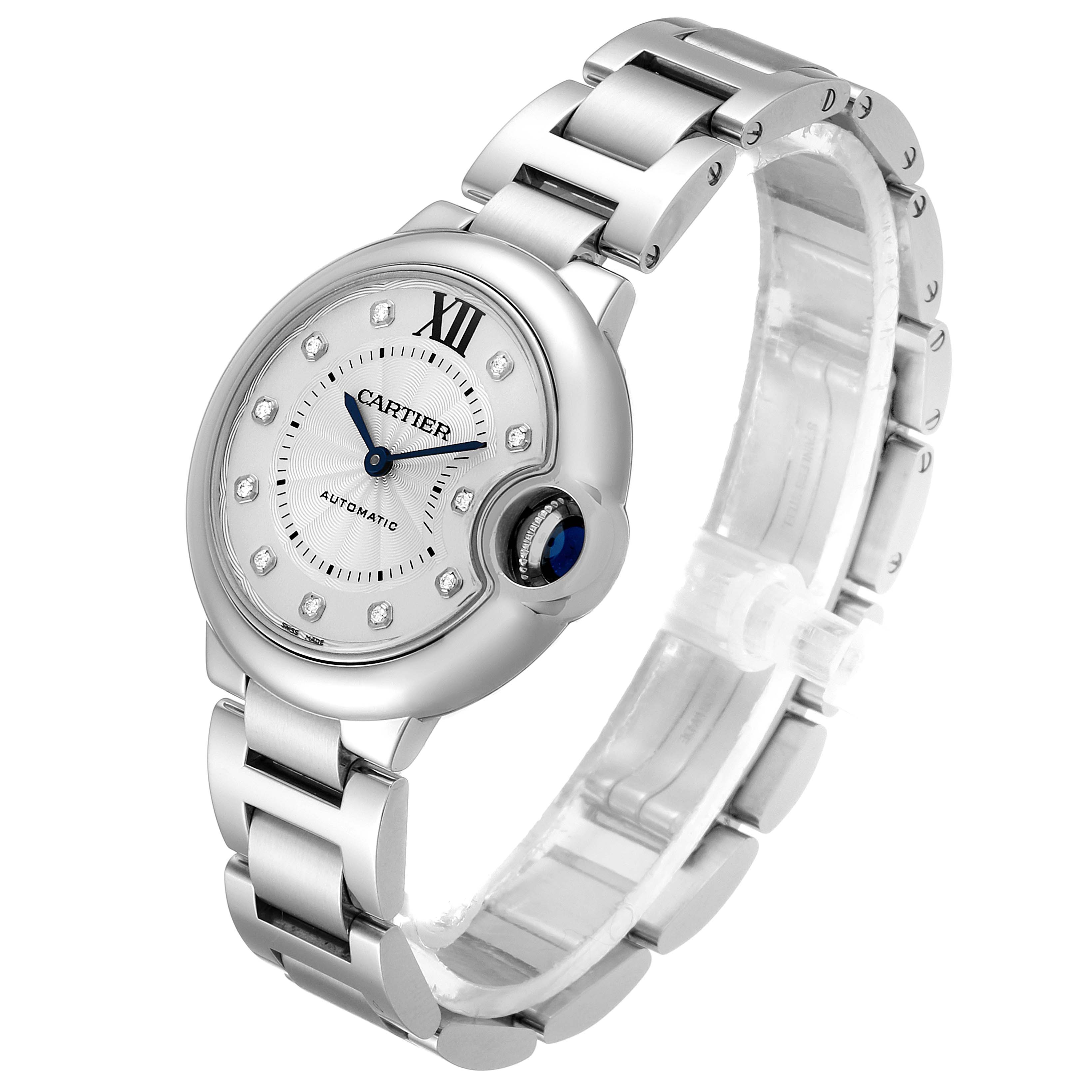 The Cartier Ballon Bleu WE902074 Women
s Stainless Steel Silver Dial WE902074 Women
s Stainless Steel Silver Dial watch is shown at a slight angle, displaying its face, bezel, crown, and bracelet.