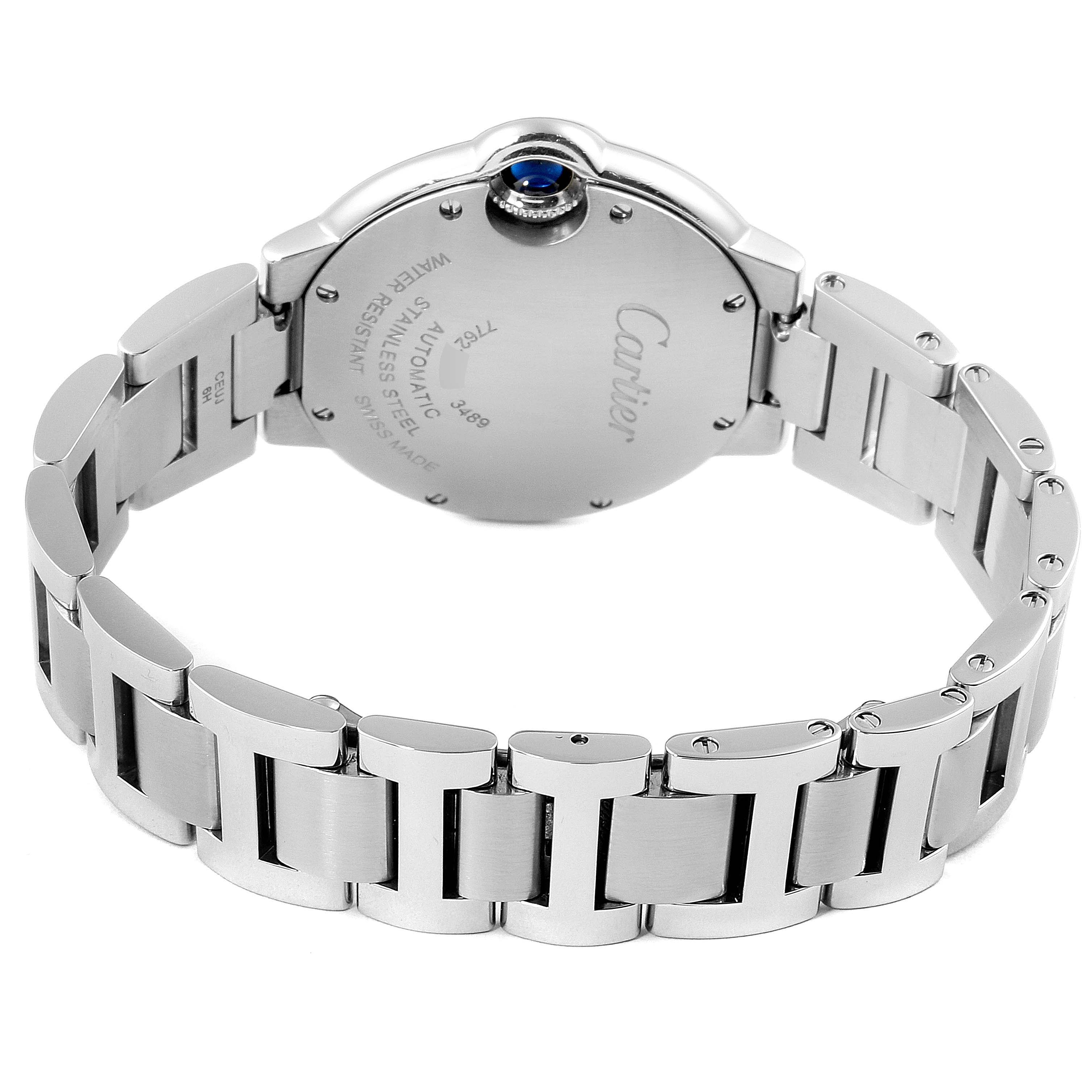 The image shows the back and bracelet of the Cartier Ballon Bleu WE902074 Women
s Stainless Steel Silver Dial WE902074 Women
s Stainless Steel Silver Dial watch from a rear angle.