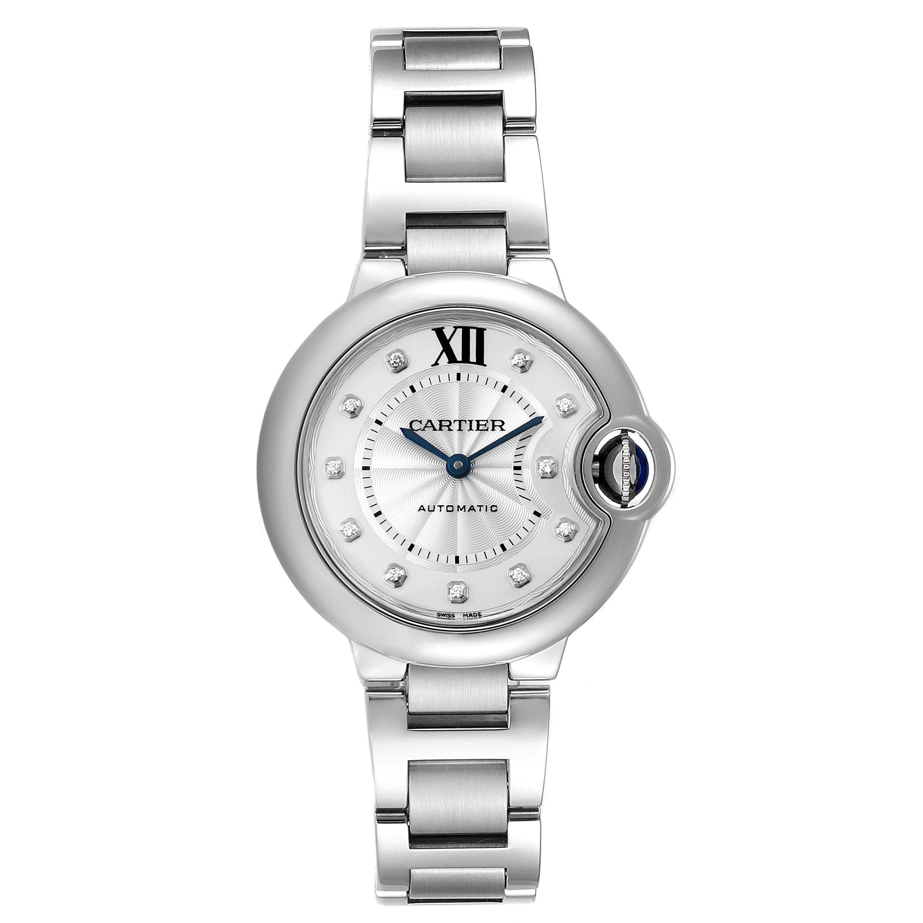 The image shows a front view of the Cartier Ballon Bleu WE902074 Women
s Stainless Steel Silver Dial WE902074 Women
s Stainless Steel Silver Dial watch, highlighting the face, crown, and bracelet.
