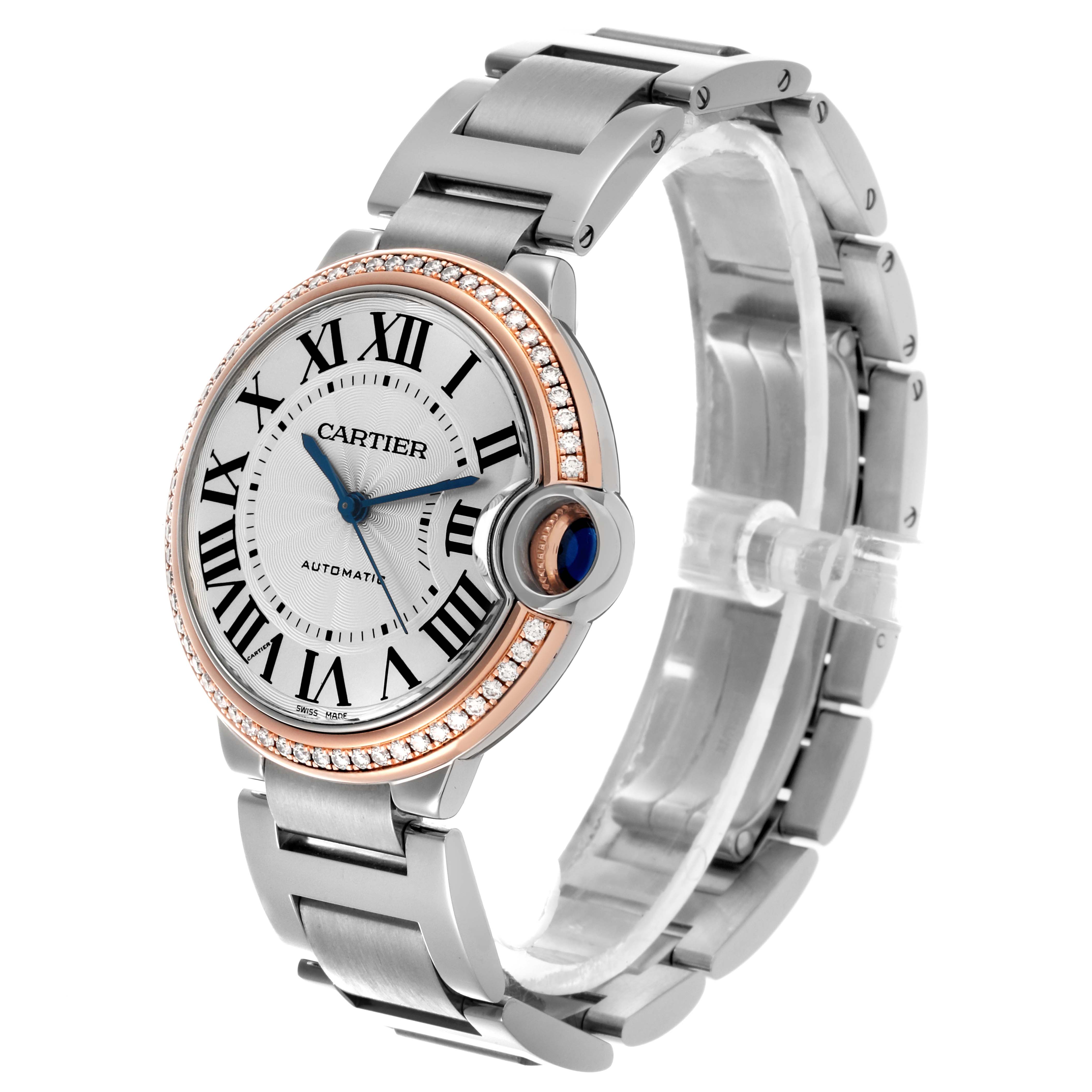 The Cartier Ballon Bleu WE902081 Women's Steel and Gold (two tone) Silver Dial WE902081 Women's Steel and Gold (two tone) Silver Dial watch is shown at an angled side view, displaying the face, crown, and bracelet.