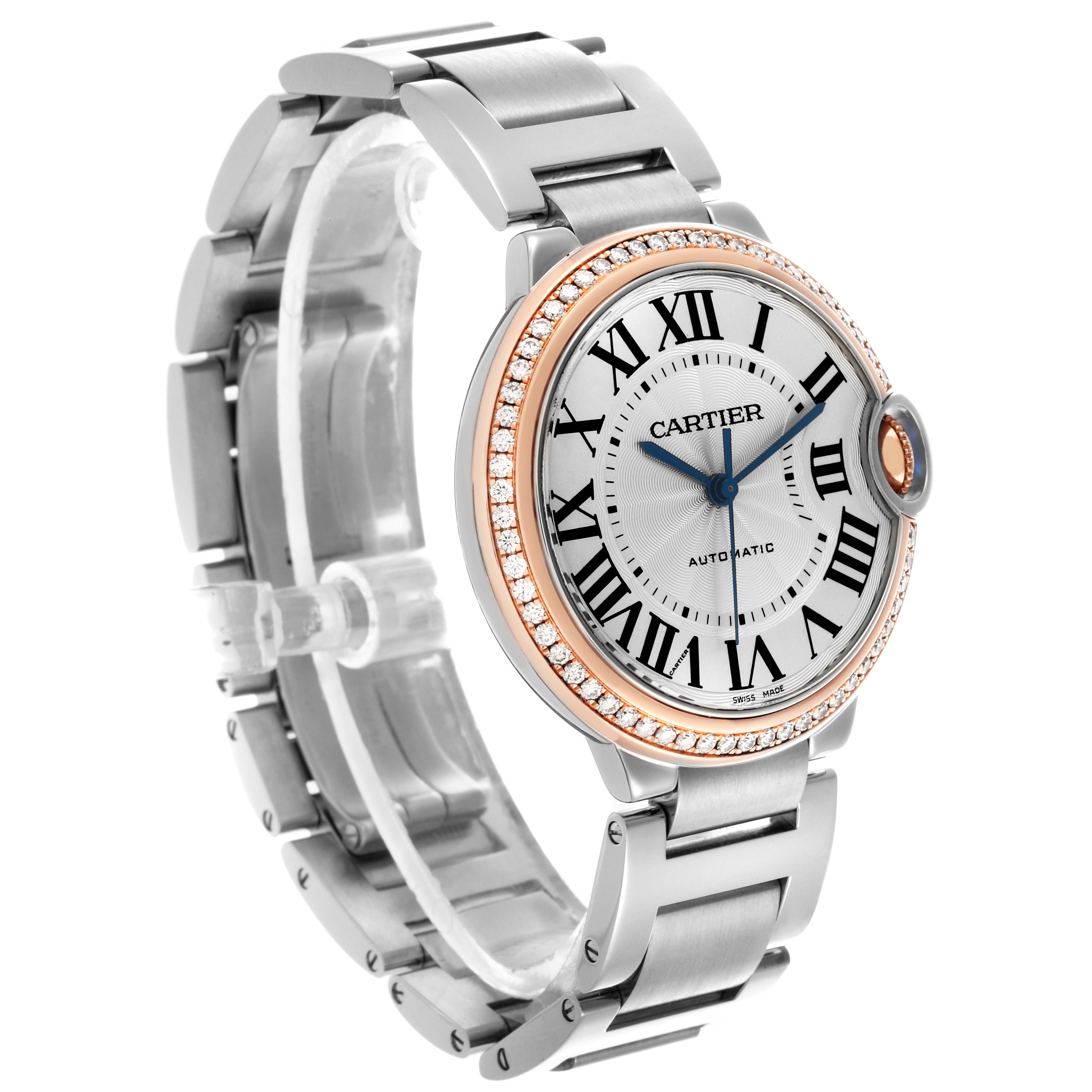 The Cartier Ballon Bleu WE902081 Women's Steel and Gold (two tone) Silver Dial WE902081 Women's Steel and Gold (two tone) Silver Dial watch is shown at a three-quarter angle, displaying the face, bezel, and part of the bracelet.