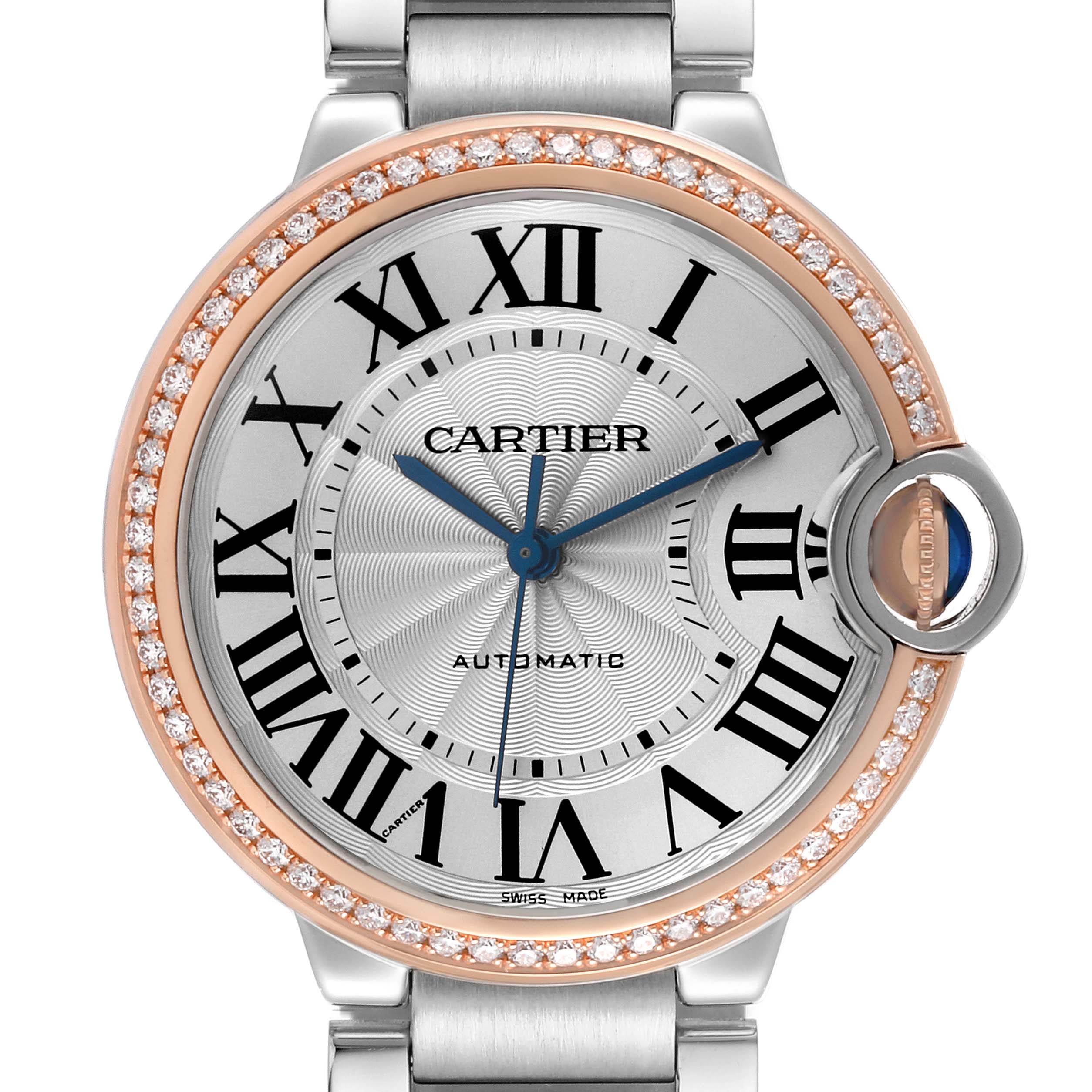 The Cartier Ballon Bleu WE902081 Women's Steel and Gold (two tone) Silver Dial WE902081 Women's Steel and Gold (two tone) Silver Dial watch is shown from a front angle, highlighting the face, bezel, and bracelet.