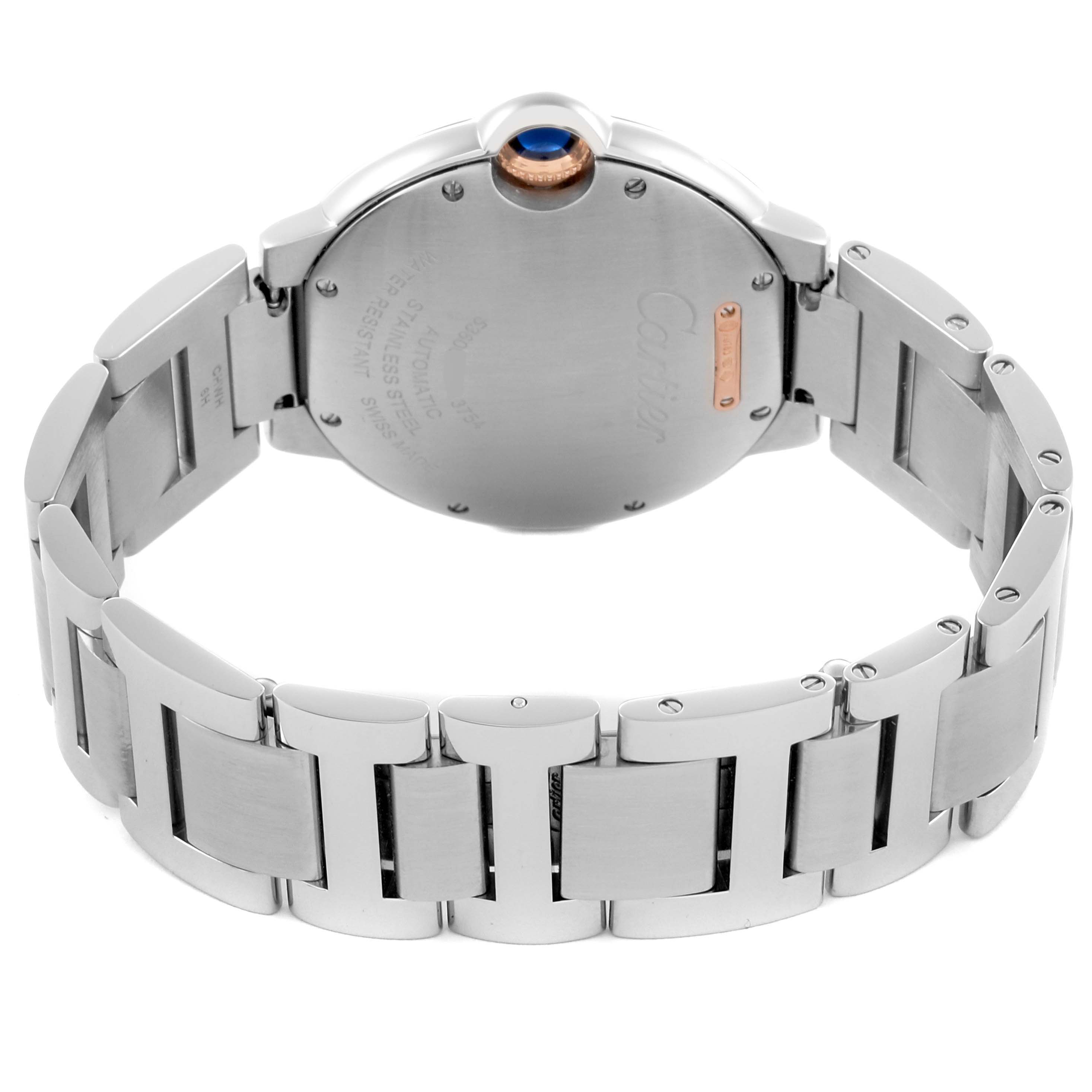 The image shows the back case and bracelet of the Cartier Ballon Bleu WE902081 Women's Steel and Gold (two tone) Silver Dial WE902081 Women's Steel and Gold (two tone) Silver Dial watch at a rear angle.