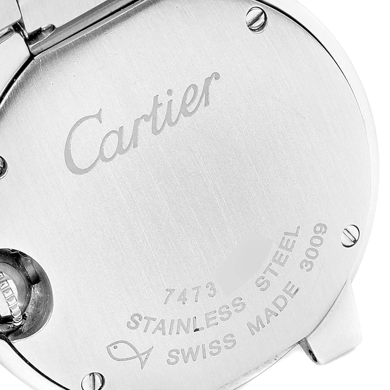 The image shows the back case of a Ballon Bleu model by Cartier, highlighting the brand engraving and specifications.