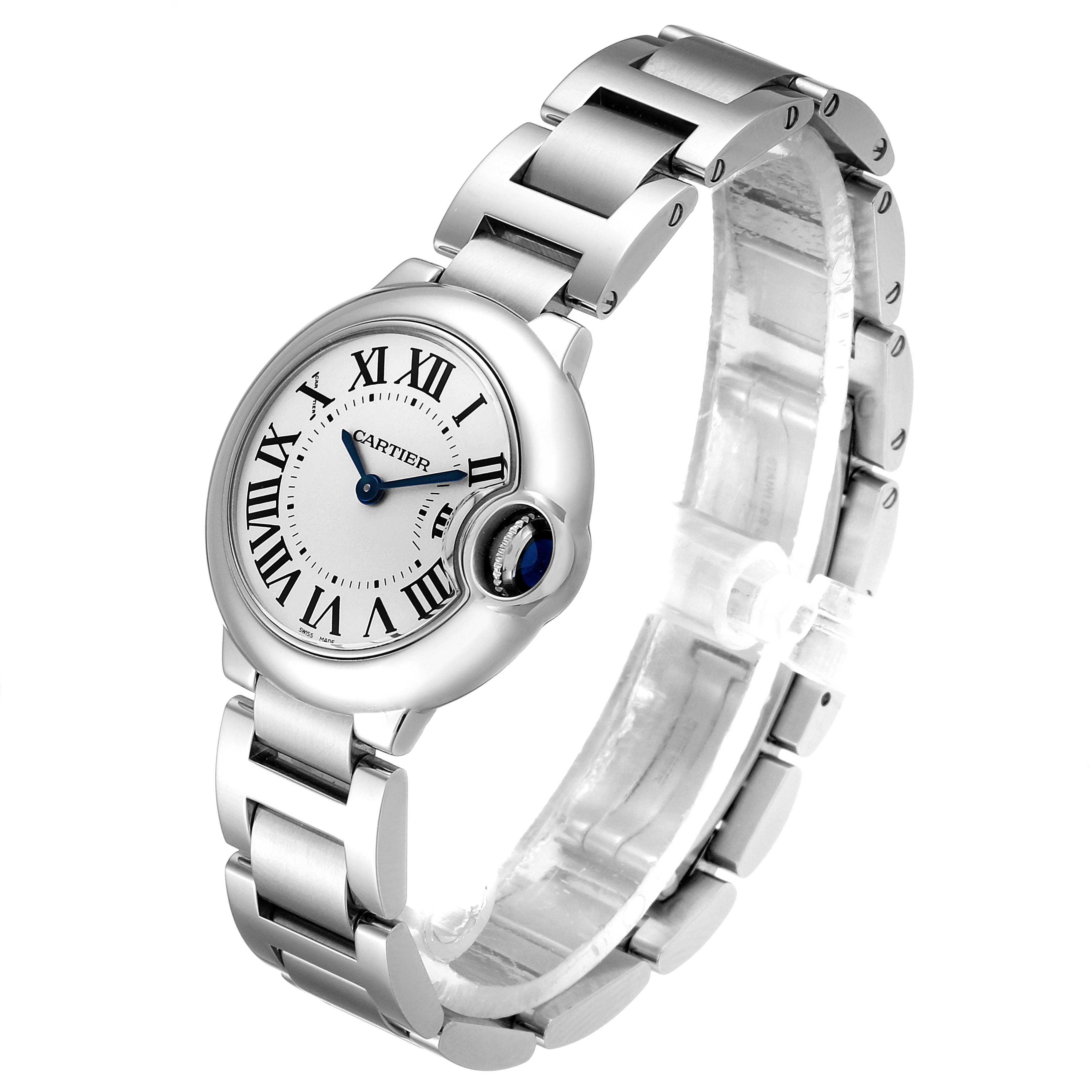 The image shows a side view of the Cartier Ballon Bleu W69010Z4 Women
s Stainless Steel Silver Dial W69010Z4 Women
s Stainless Steel Silver Dial watch, highlighting the face, bezel, crown, and bracelet.
