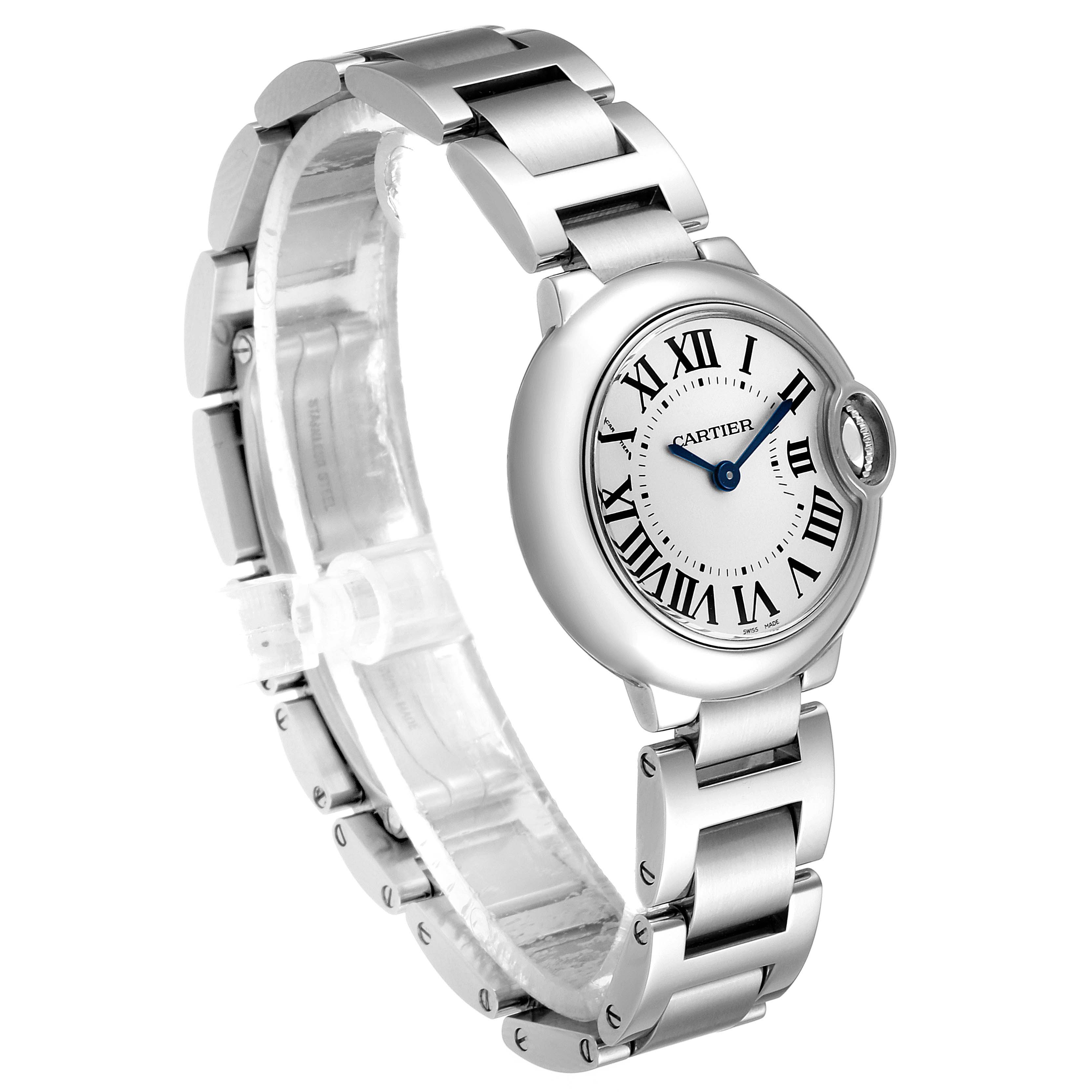 The image shows a side view of the Ballon Bleu watch by Cartier, featuring its face, case, and bracelet.