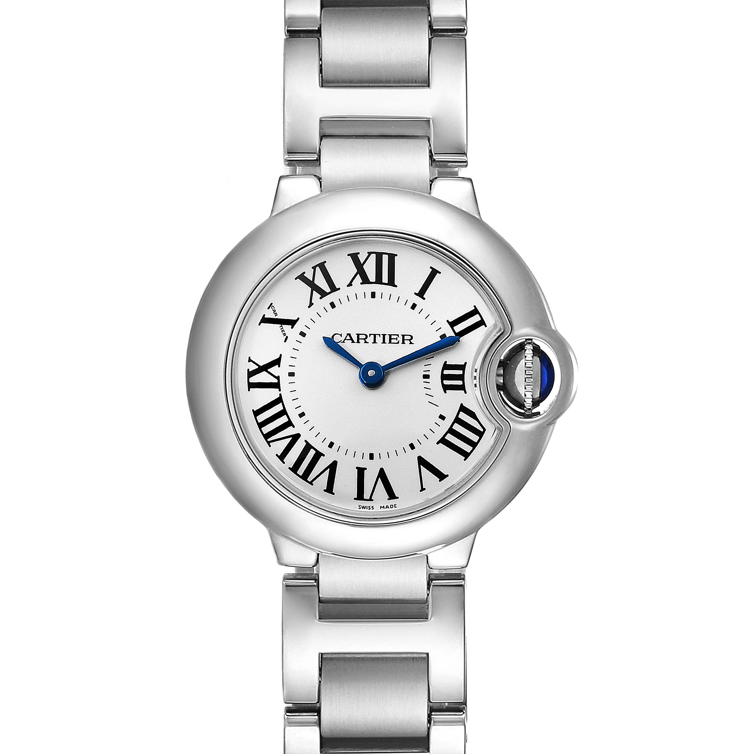 The image shows a Ballon Bleu model by Cartier from a front angle, highlighting its face, Roman numerals, and metal bracelet.