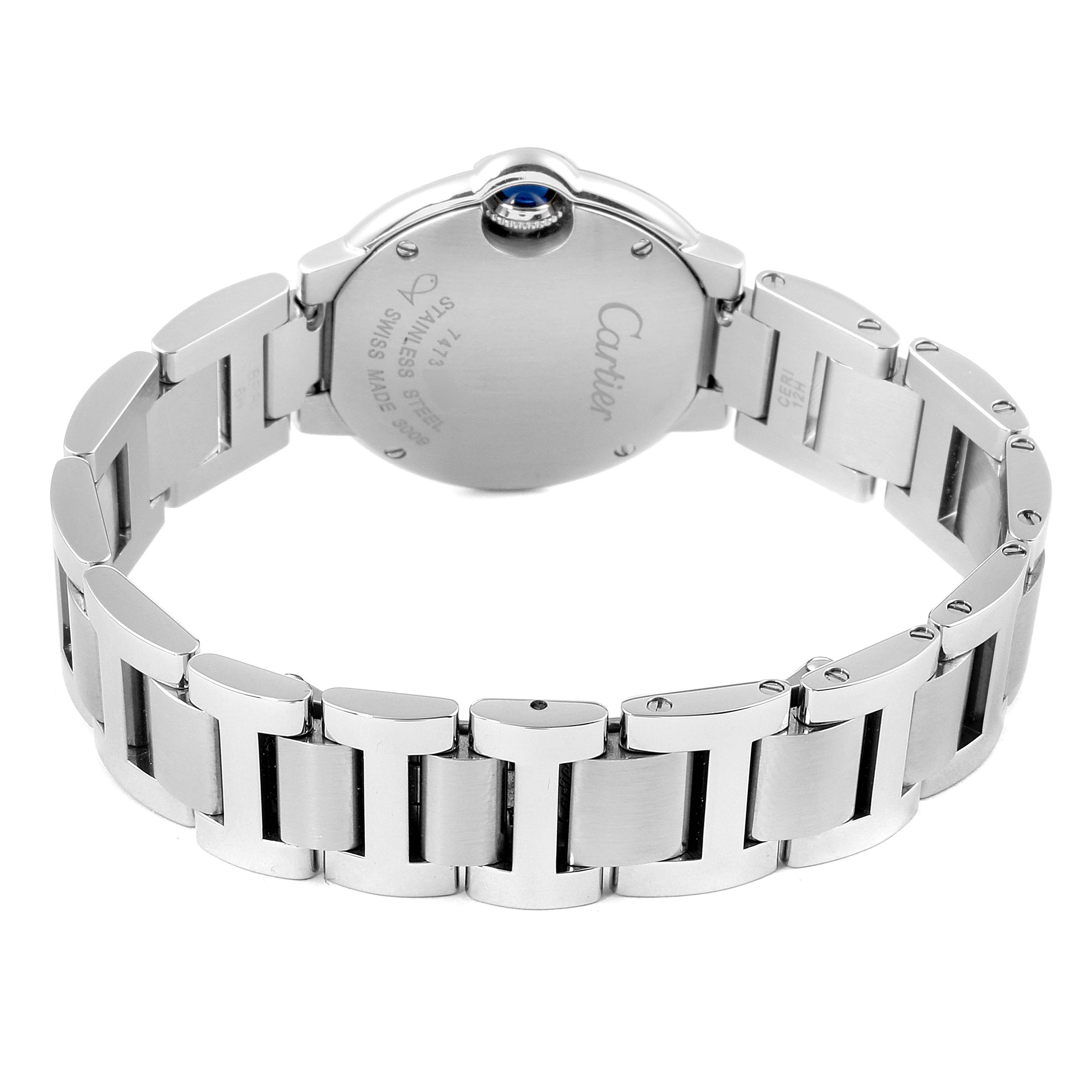 The image shows the back view of a Cartier Ballon Bleu W69010Z4 Women
s Stainless Steel Silver Dial W69010Z4 Women
s Stainless Steel Silver Dial watch, highlighting its stainless steel bracelet and case back.