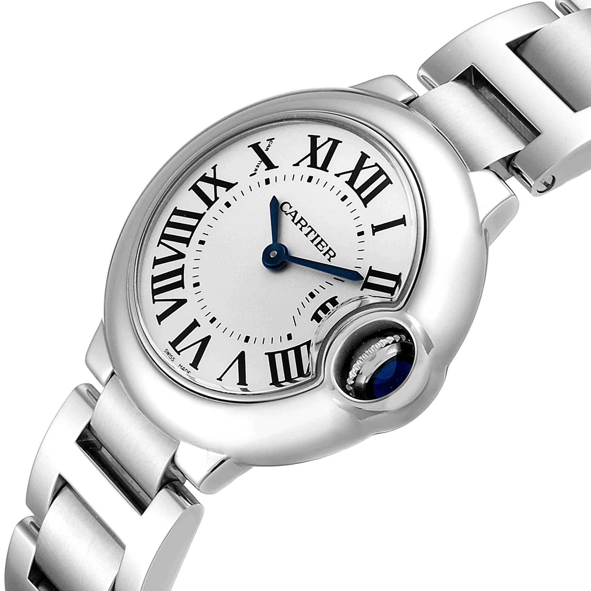The image shows a close-up of the face and bracelet of a Cartier Ballon Bleu W69010Z4 Women
s Stainless Steel Silver Dial W69010Z4 Women
s Stainless Steel Silver Dial watch at a tilted angle.
