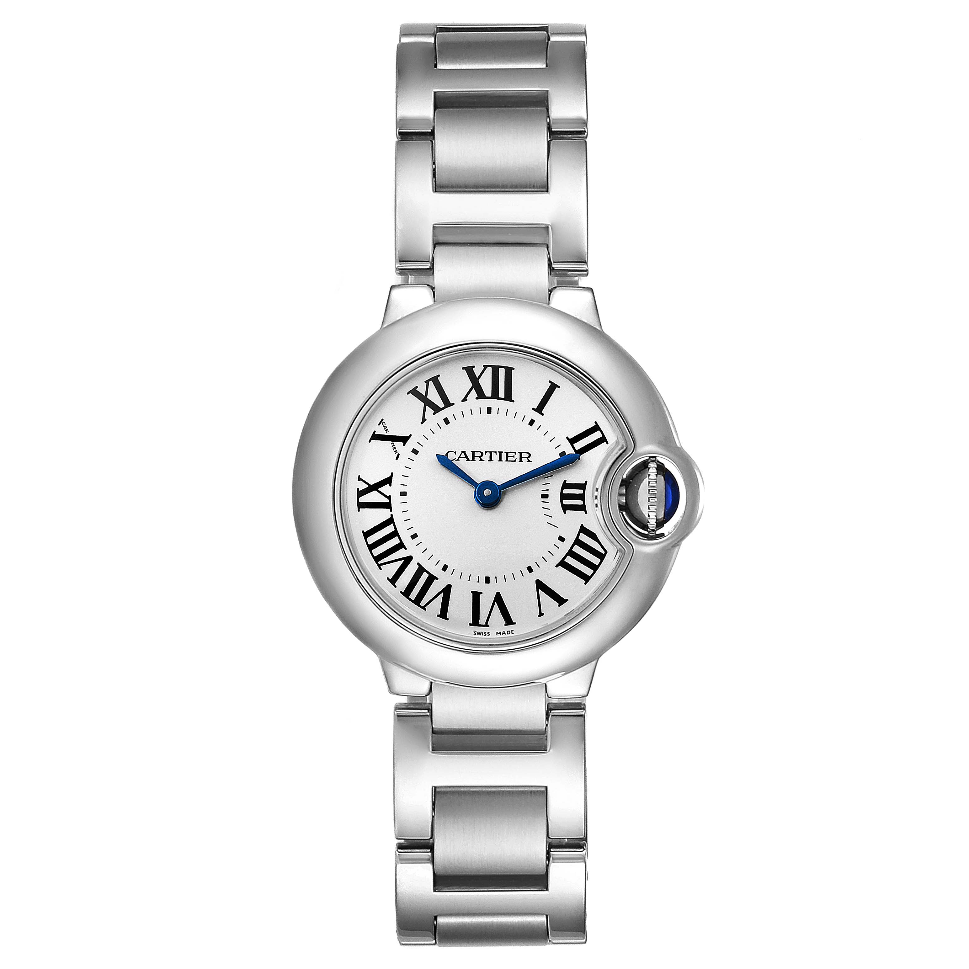 This image shows a front view of the Ballon Bleu watch by Cartier, highlighting the face, case, and metal bracelet.