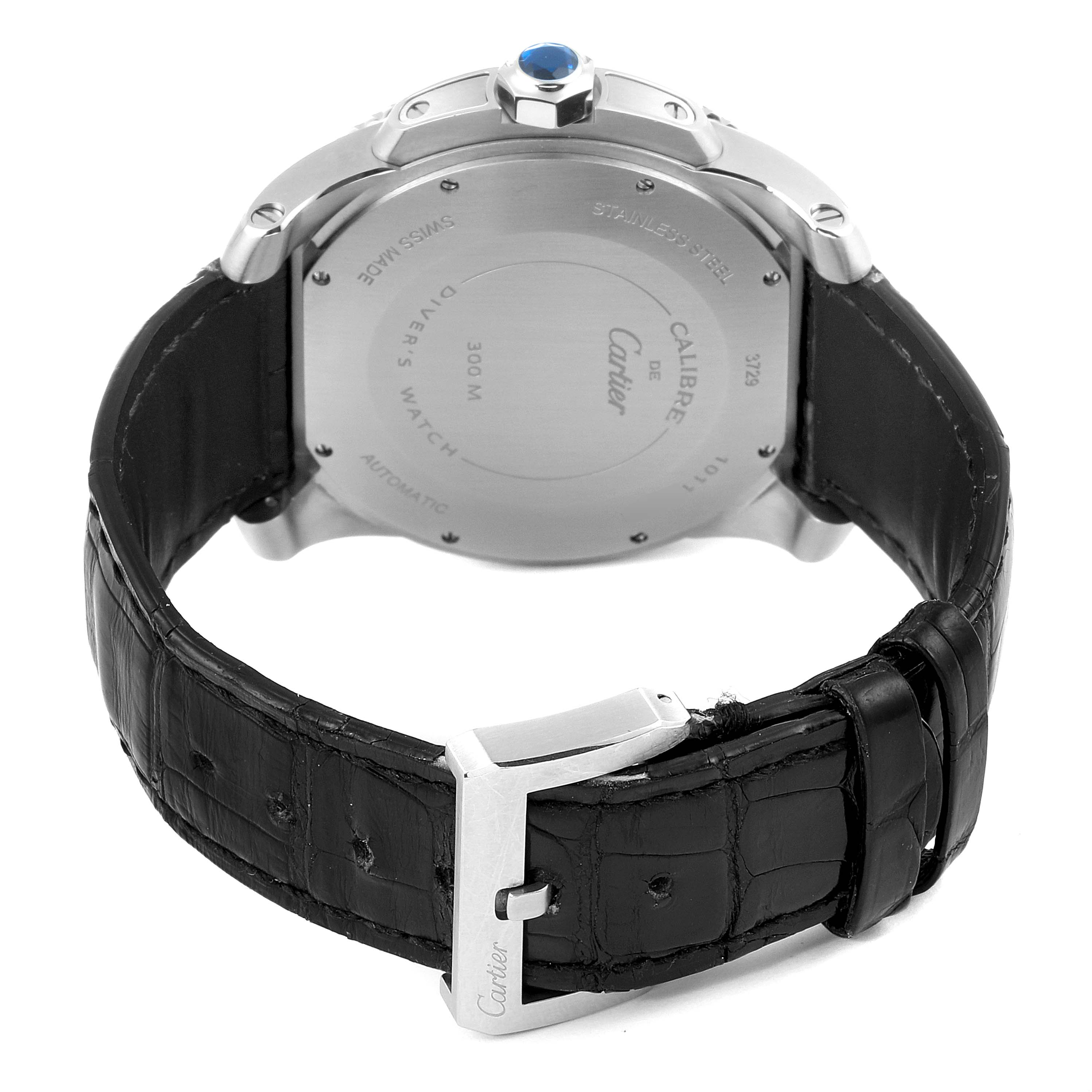 The image shows the back view of a Calibre de Cartier watch by Cartier, highlighting the case back and strap with buckle.