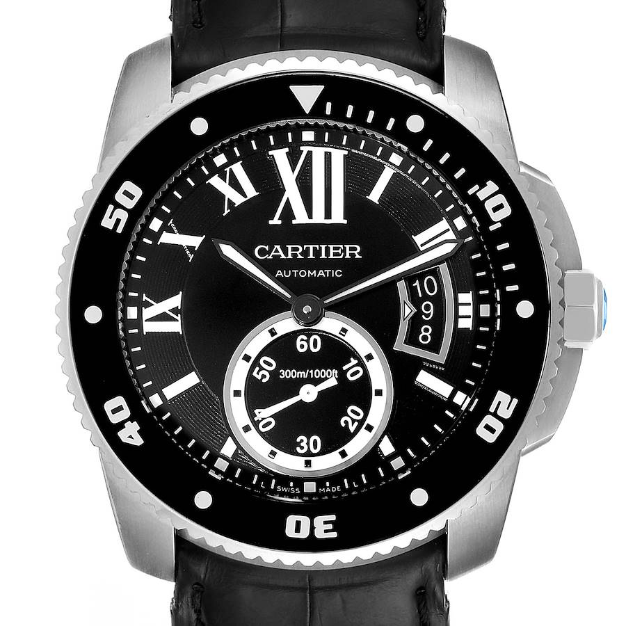 Cartier Calibre Diver Black Leather Strap Steel Mens Watch W7100056 Box SwissWatchExpo