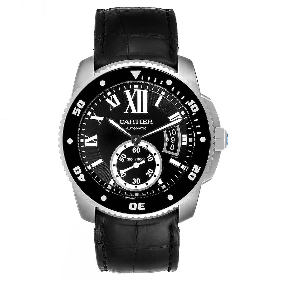 Cartier Calibre Diver Black Leather Strap Steel Mens Watch