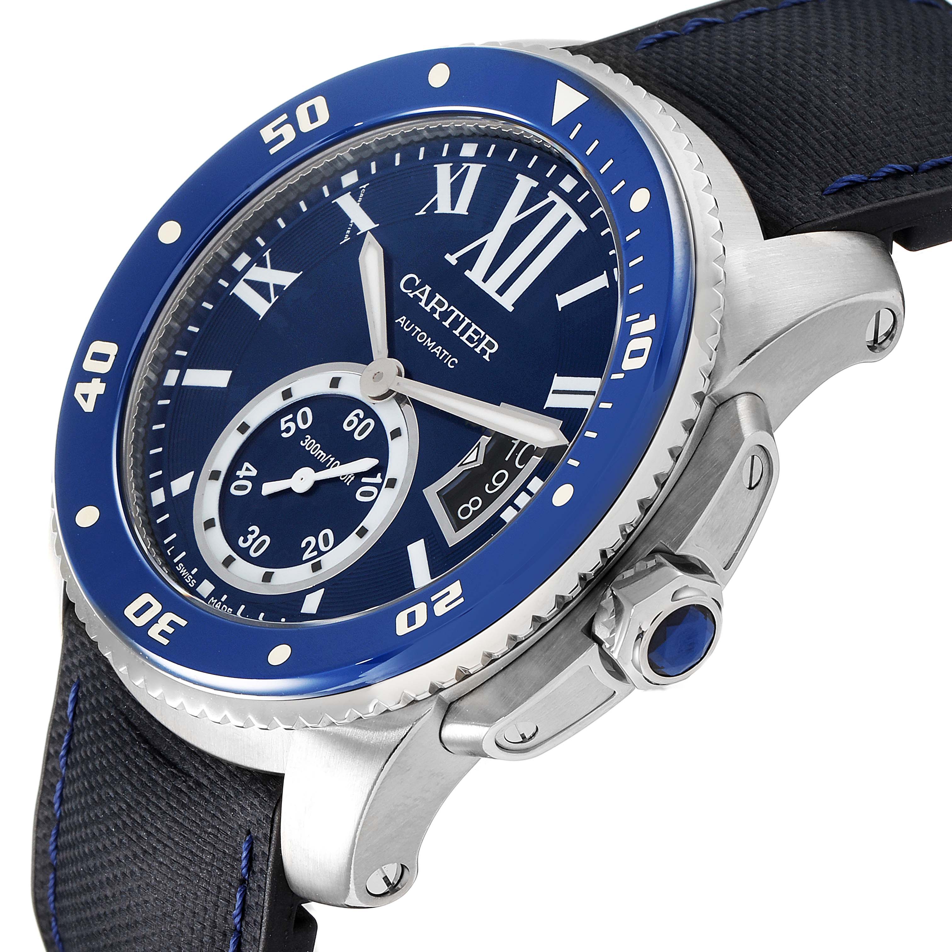 The watch is a Calibre de Cartier model by Cartier, shown at an angle highlighting the dial, bezel, crown, and strap.