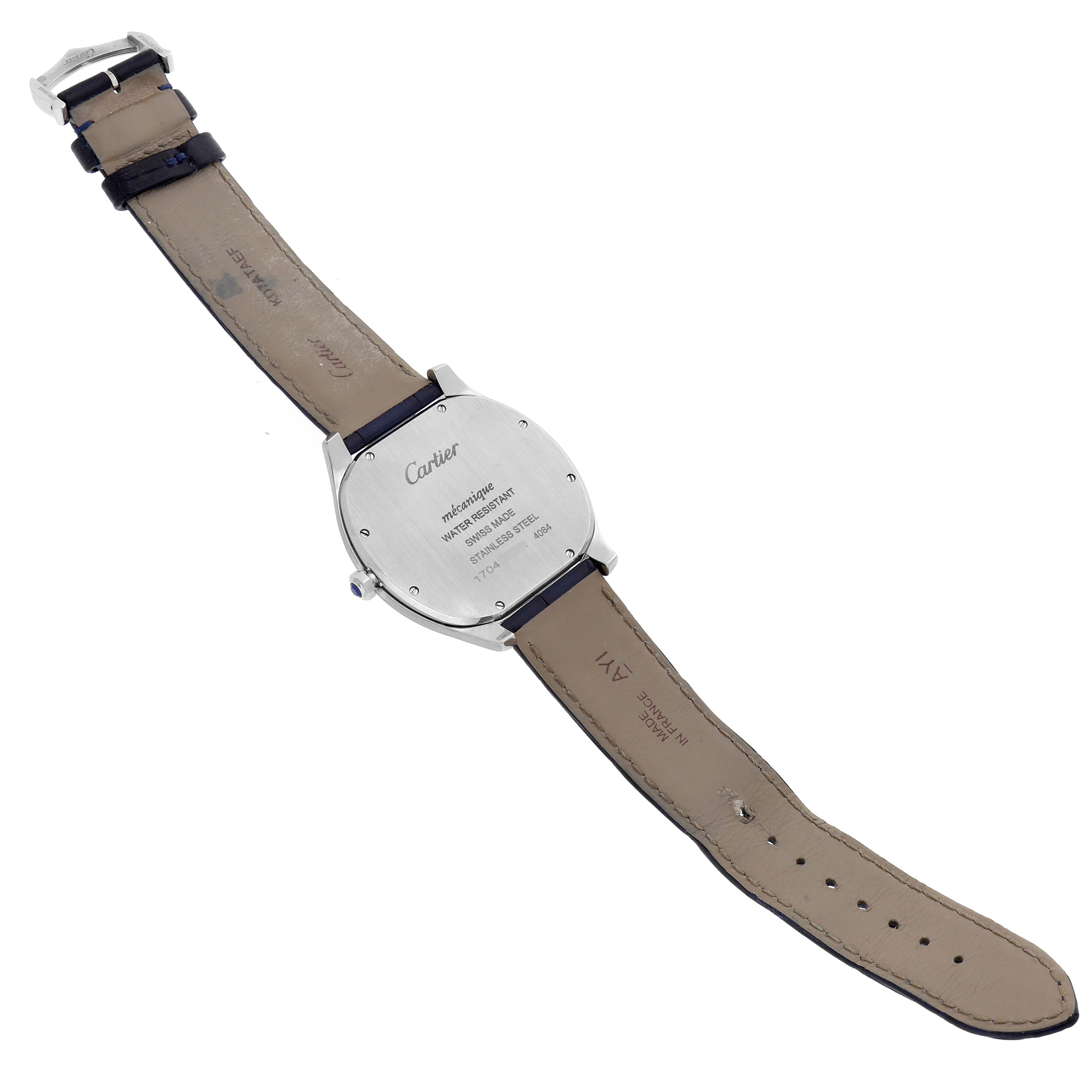 The image shows the back view of a Drive de Cartier watch, highlighting the case back and leather strap.