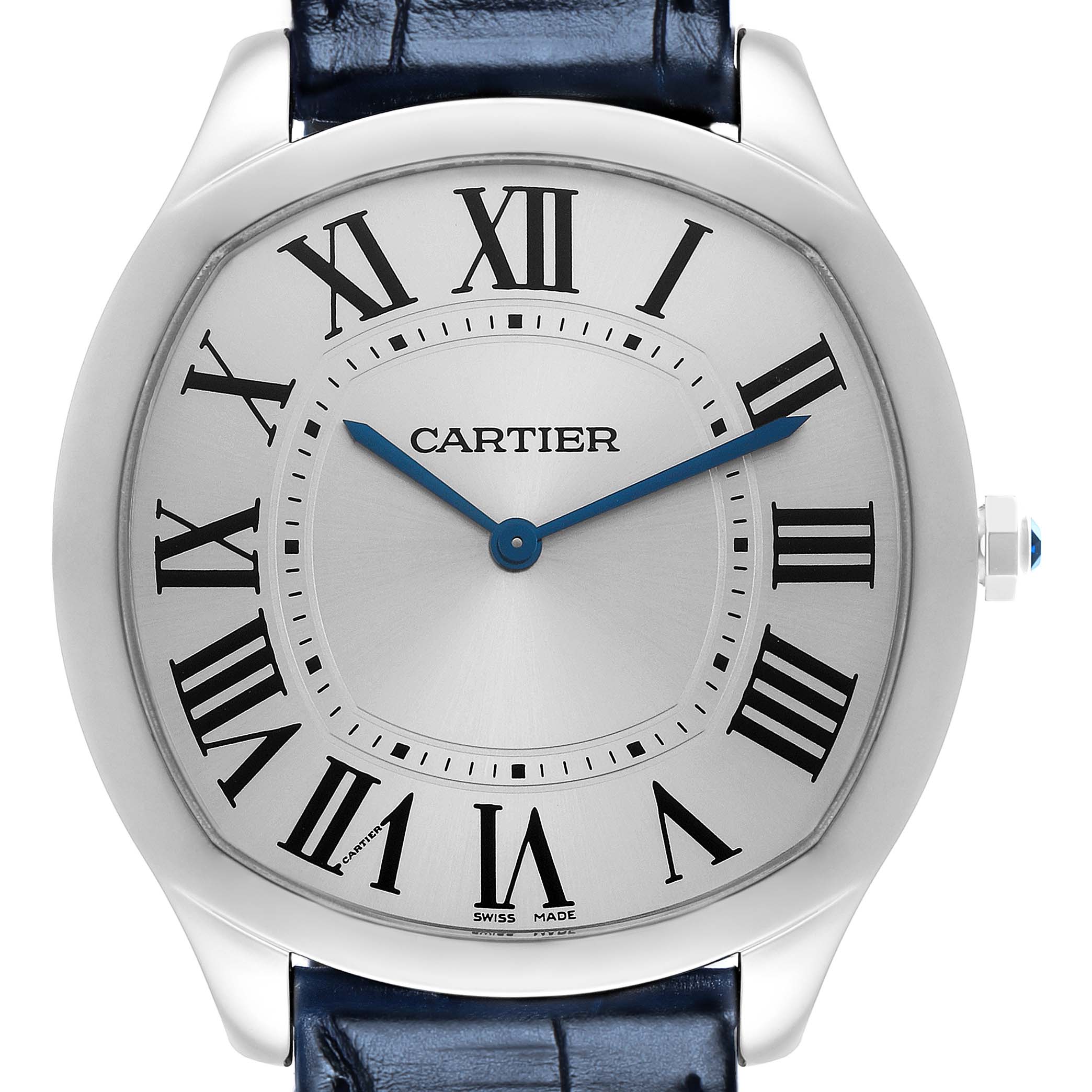 The image shows a front view of the Drive de Cartier watch, highlighting its face, Roman numerals, and blue leather strap.