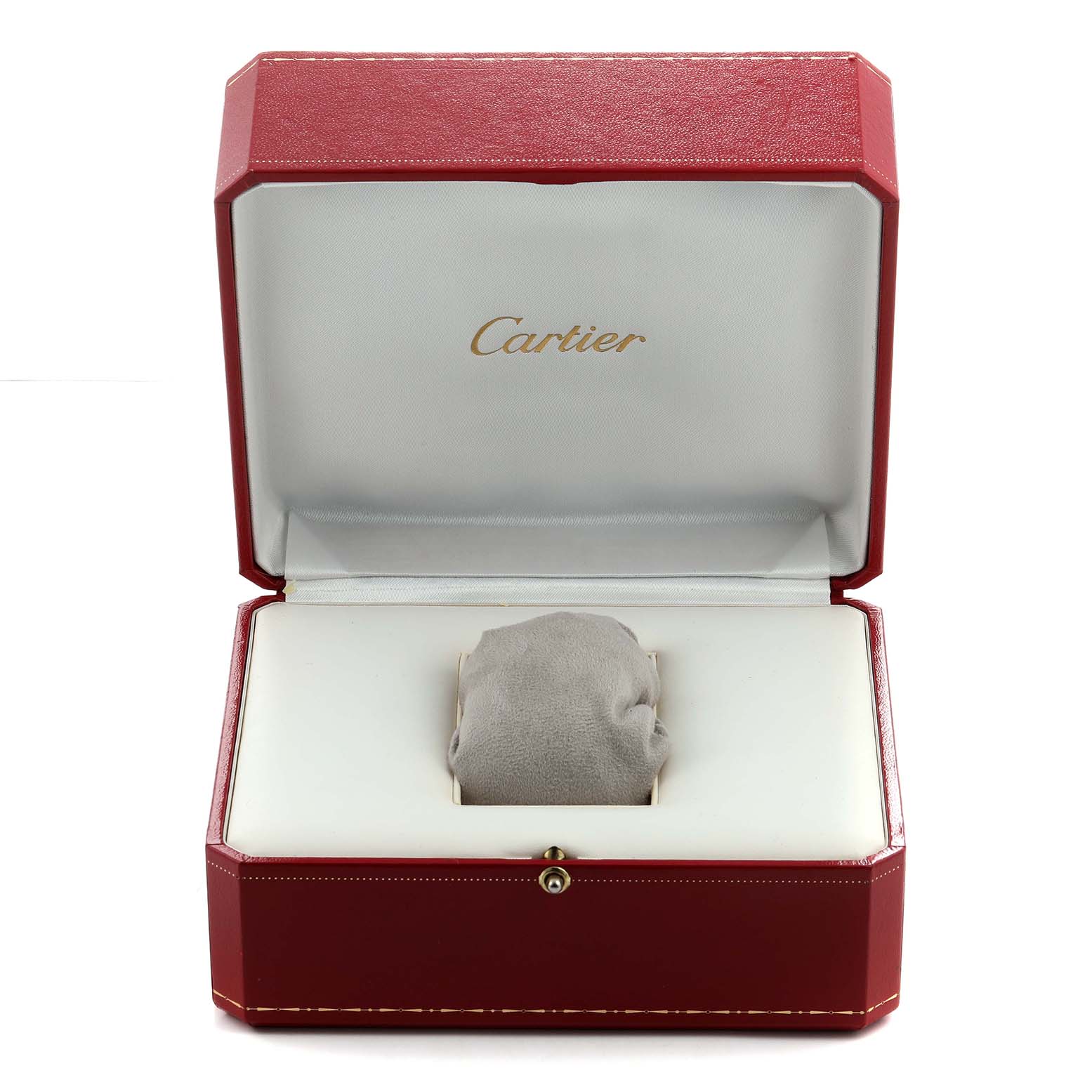 The image shows an open red Cartier watch box for the Drive de Cartier model, with no watch inside.