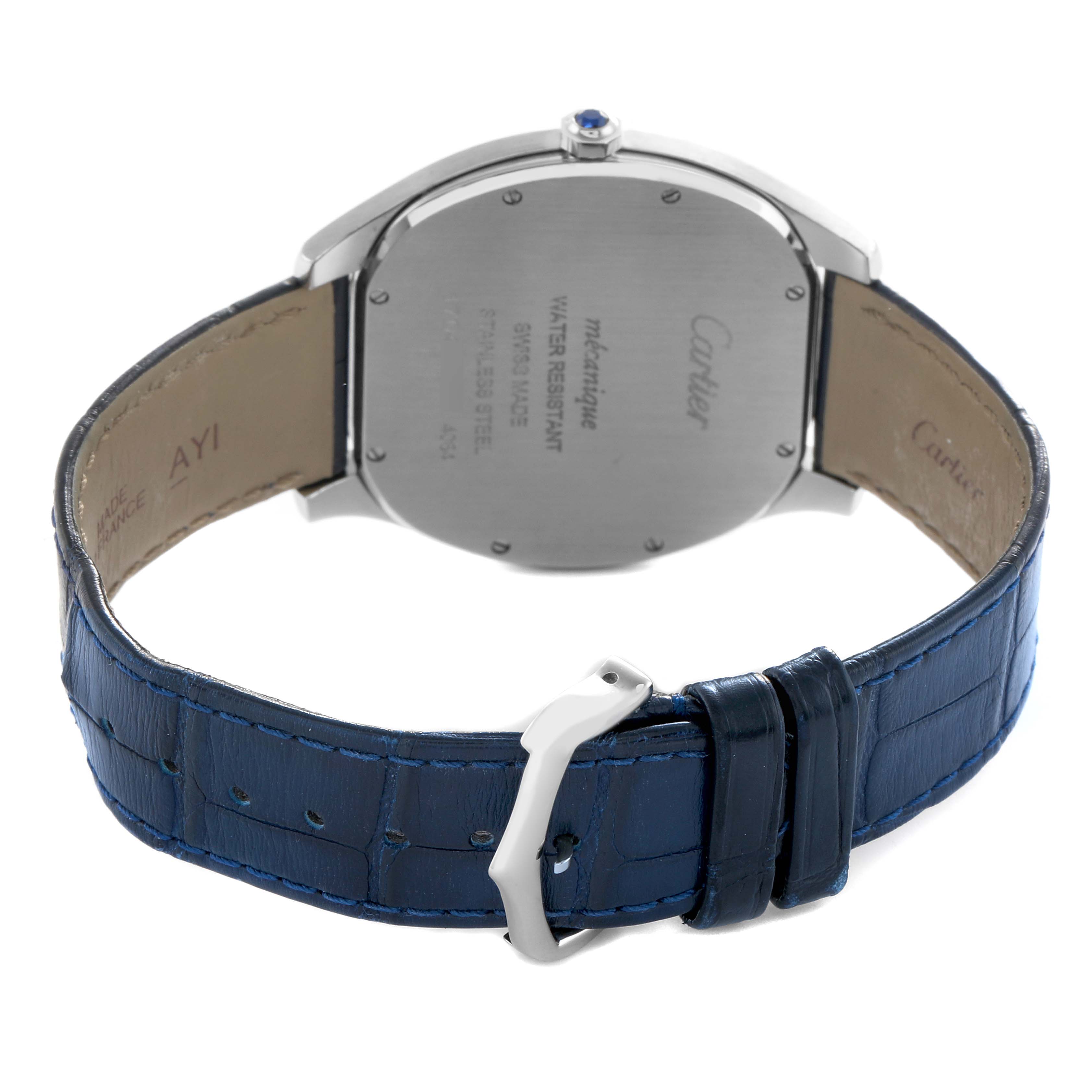 The image shows the back of the Drive de Cartier watch, highlighting the blue leather strap and buckle.